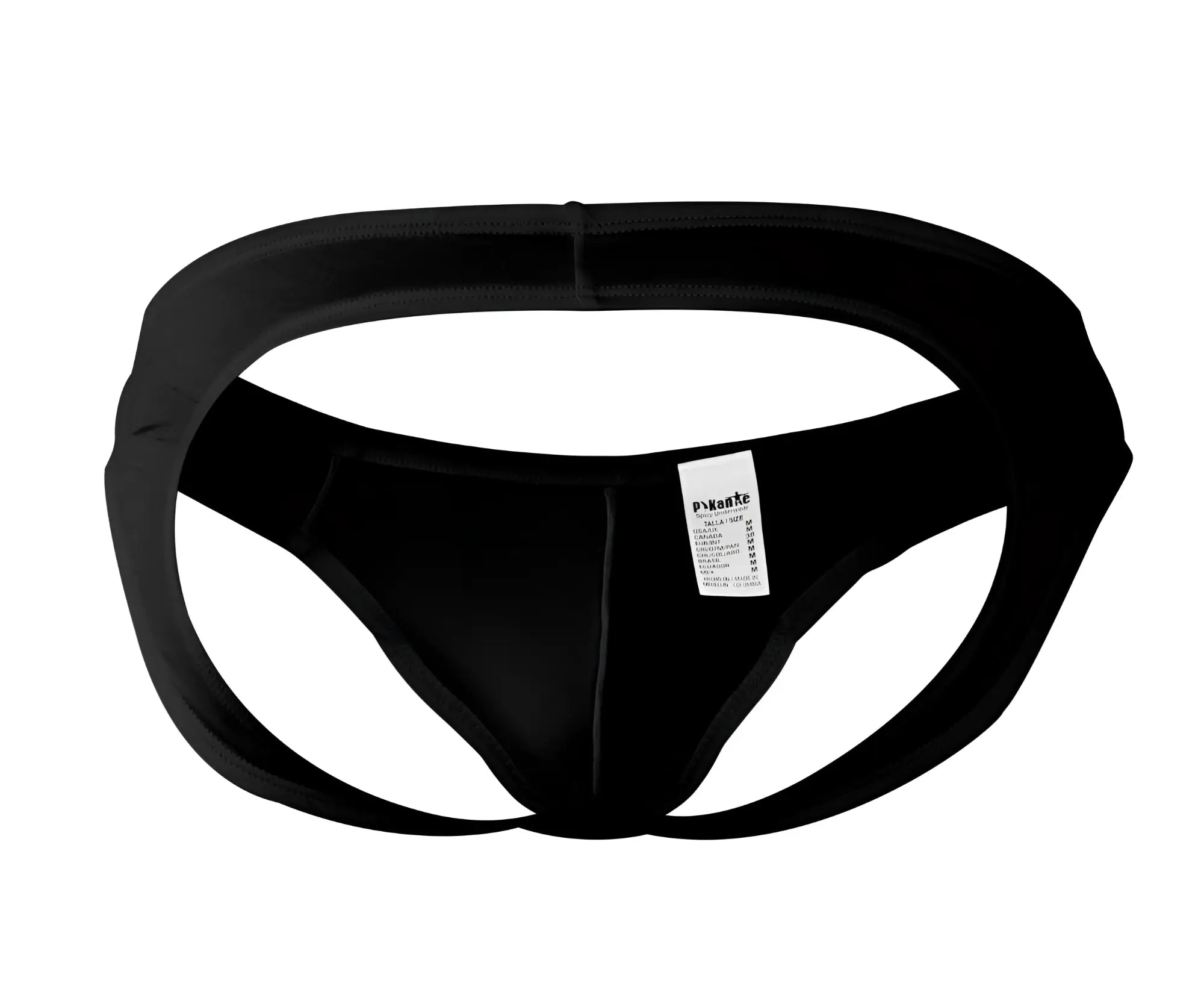Black seamless form-fitting pikante pik 0979x angola jockstrap briefs with smooth fabric and small white label on back side