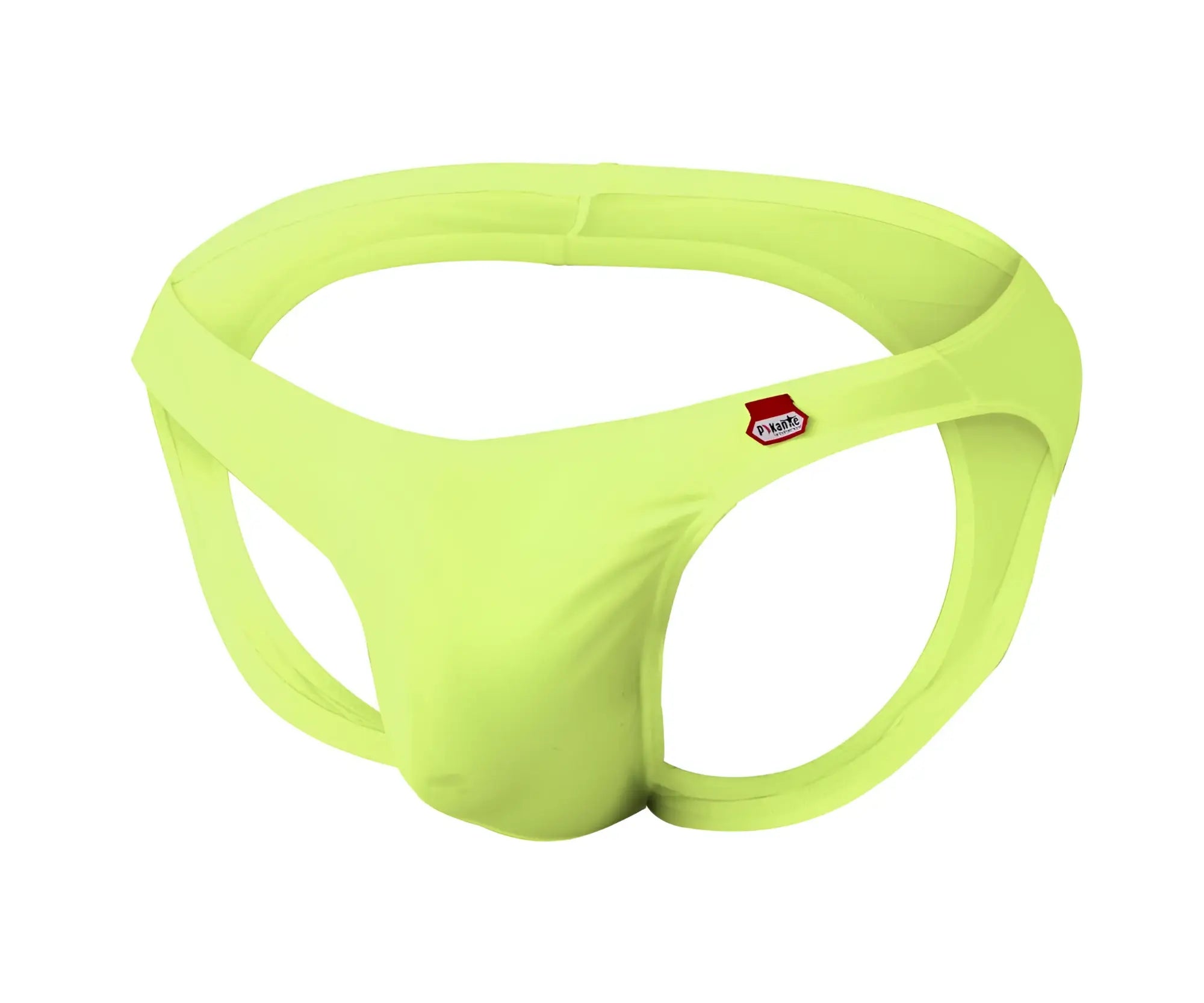 Bright lime green seamless fabric Pikante PIK 0979X Angola jockstrap briefs with red and white side logo