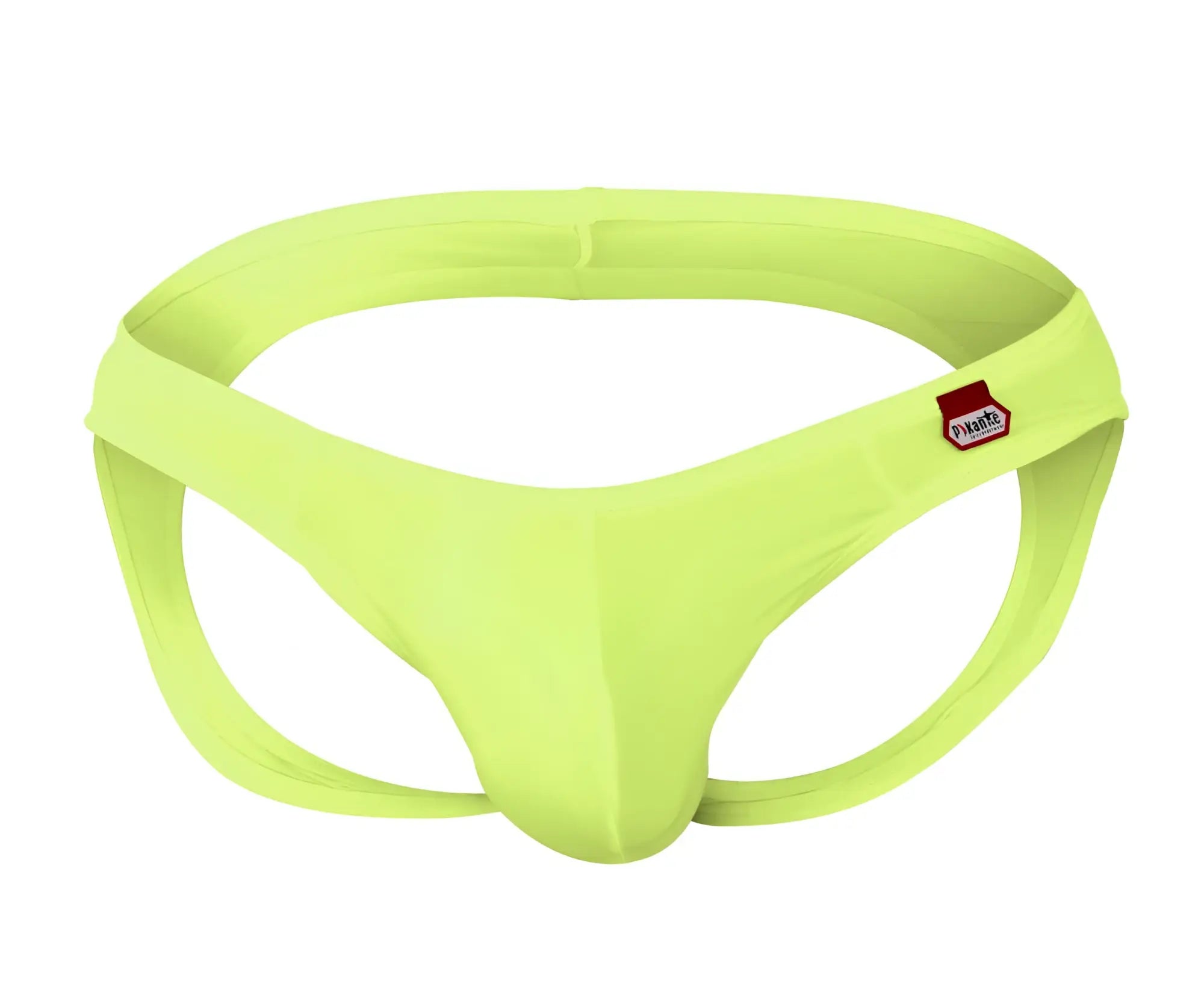 Bright lime green seamless fabric briefs with red and white Pikante brand tag on waistband from Angola jockstrap collection