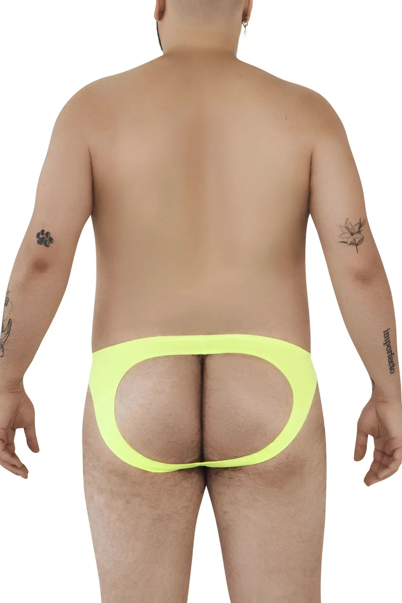 Neon yellow pikante piks 0979x angola jockstrap with cutout design in green athletic briefs shown from the back