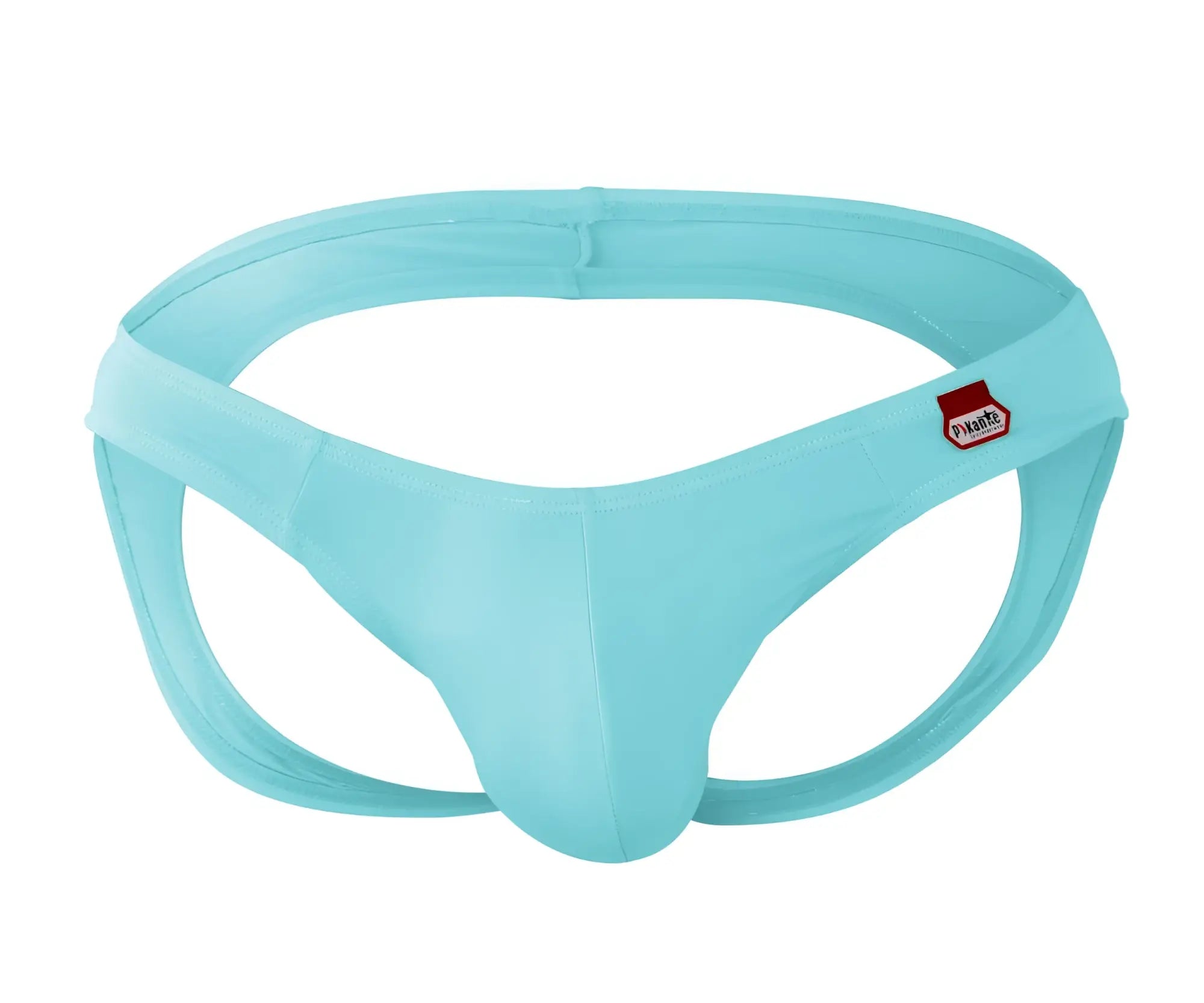 Light blue satin-like fabric thong with small red and white Pikante brand tag on the side in the back view