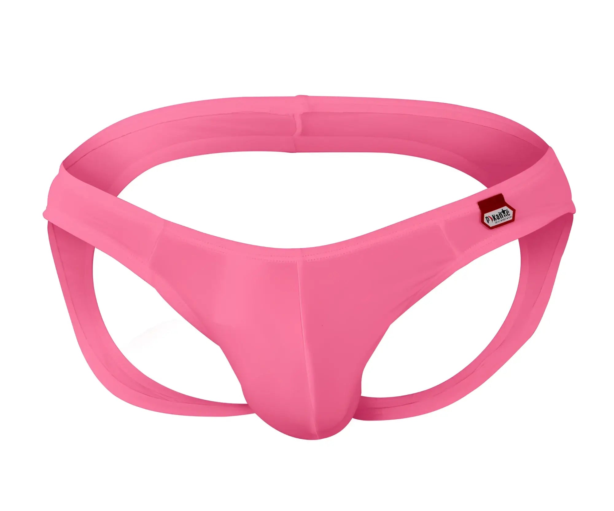 Pink glossy nylon thong jockstrap with small red and white Pikante brand tag on waistband model PIK 0979X Angola