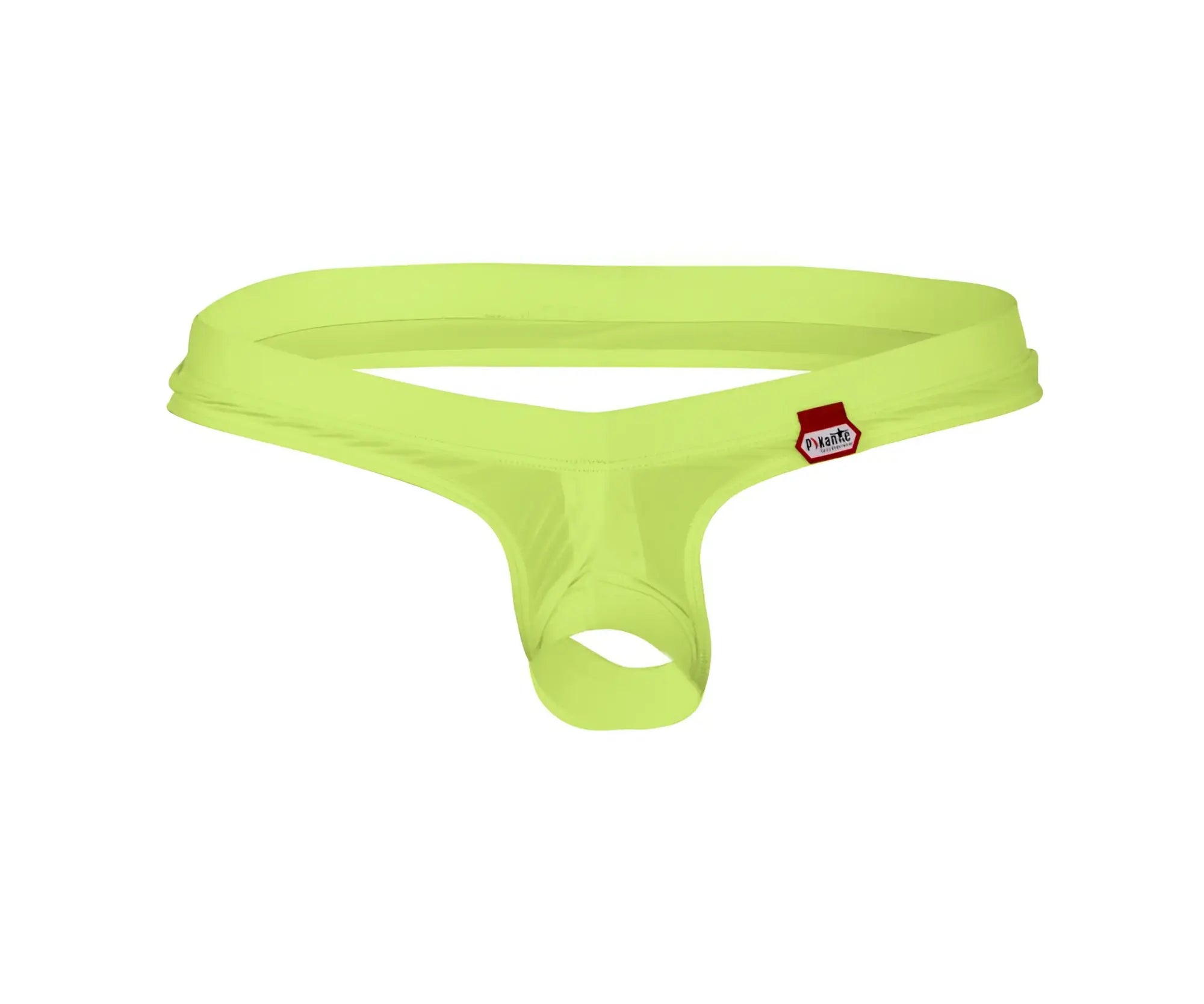 Bright lime green pikante PIK 0980 Angola ball lifter c-ring thong with red and white brand tag on waistband