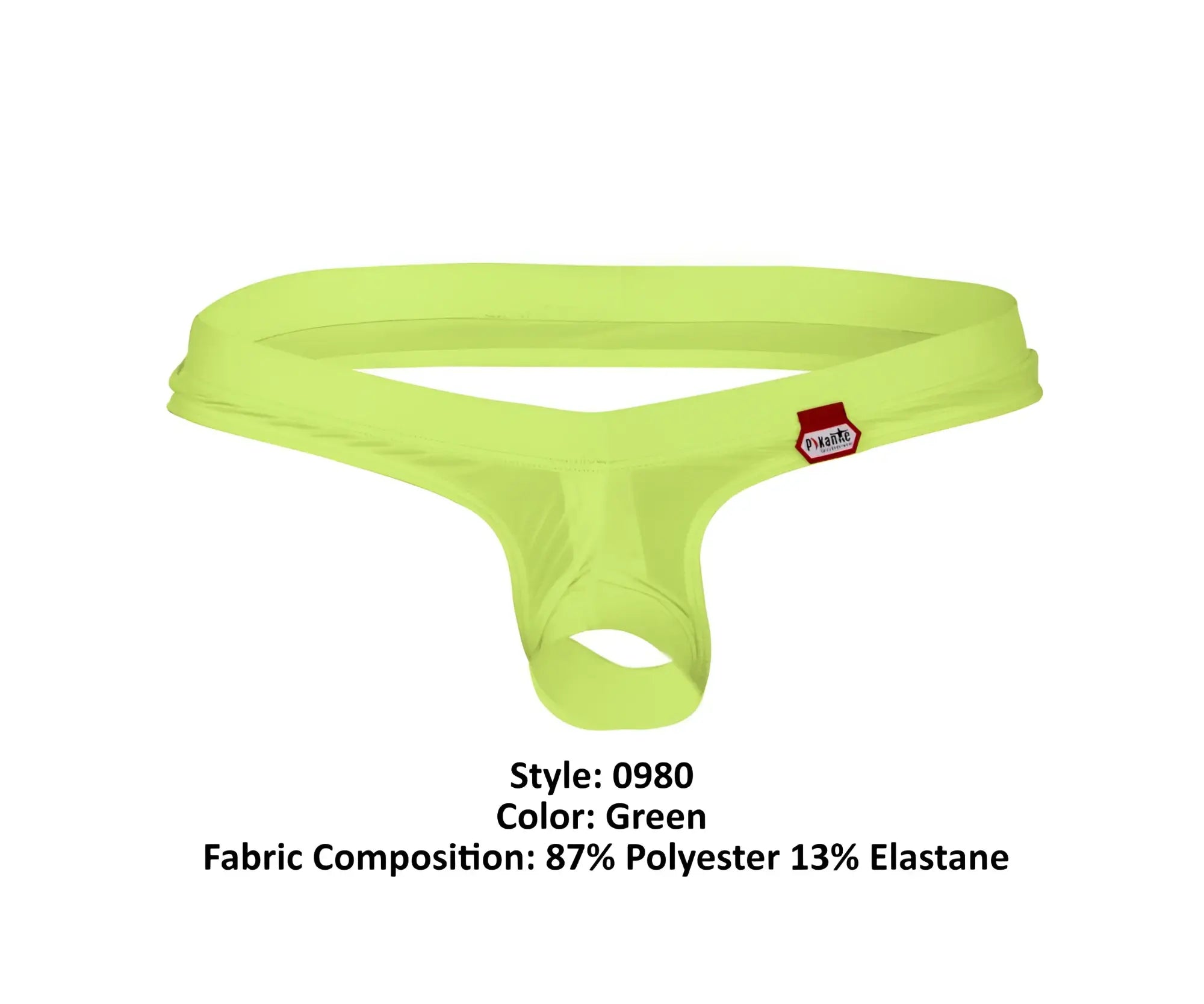Bright green pikante PIK 0980 Angola ball lifter thong made of 87 polyester 13 elastane with red brand tag on waistband