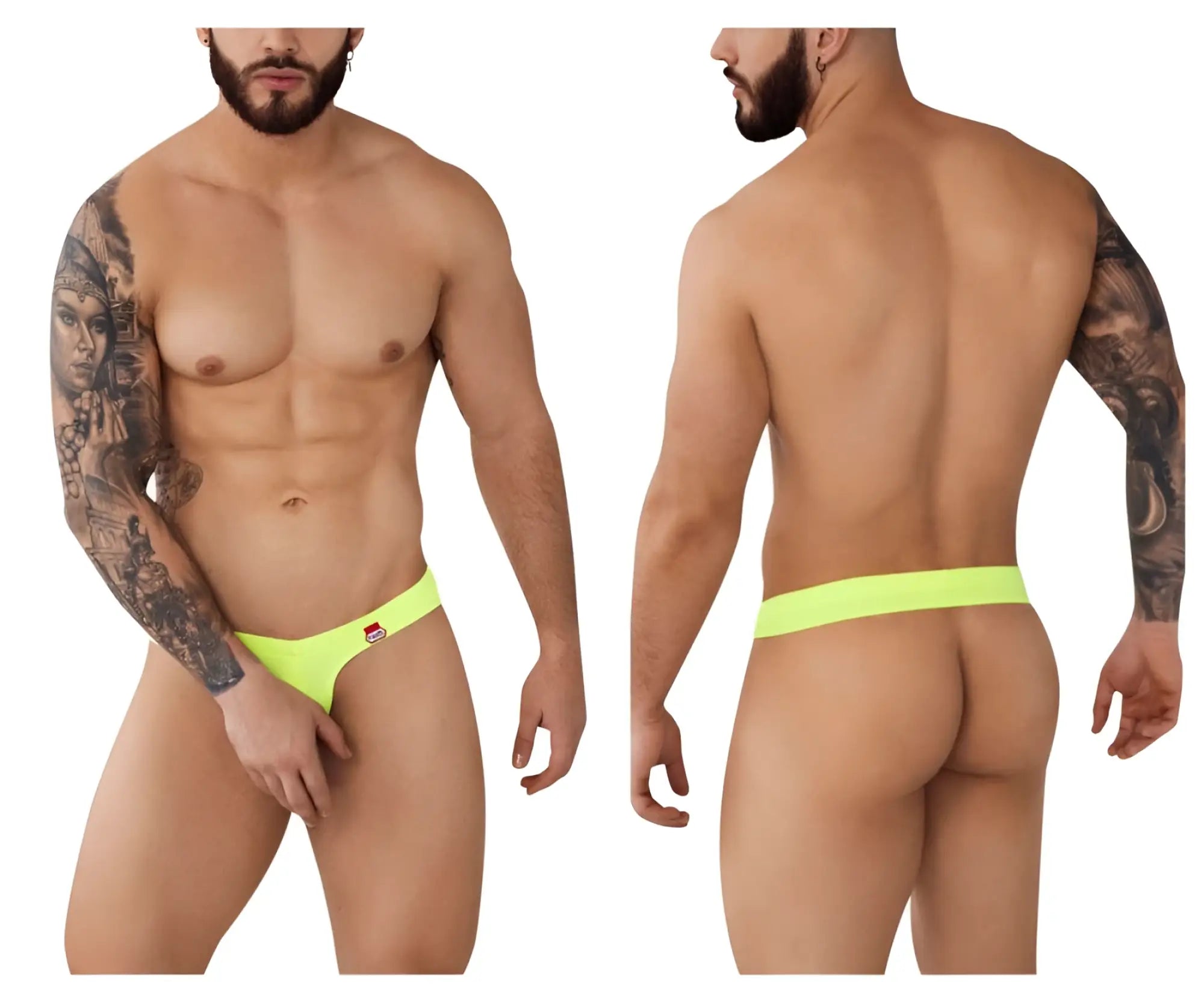 Neon green pikante pik 0980 angola ball lifter briefs with red and white logo on left hipband in front view