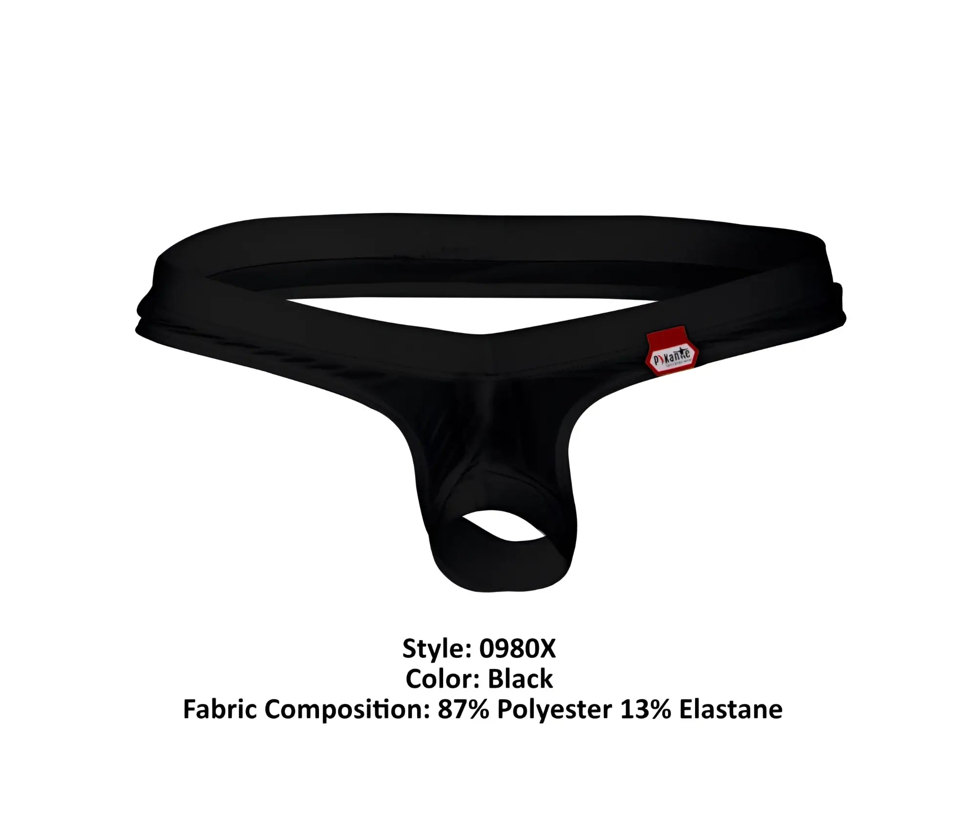 Black men’s Pikante PIK 0980X Angola ball lifter thong in black smooth stretchy fabric with small red brand tag on the side