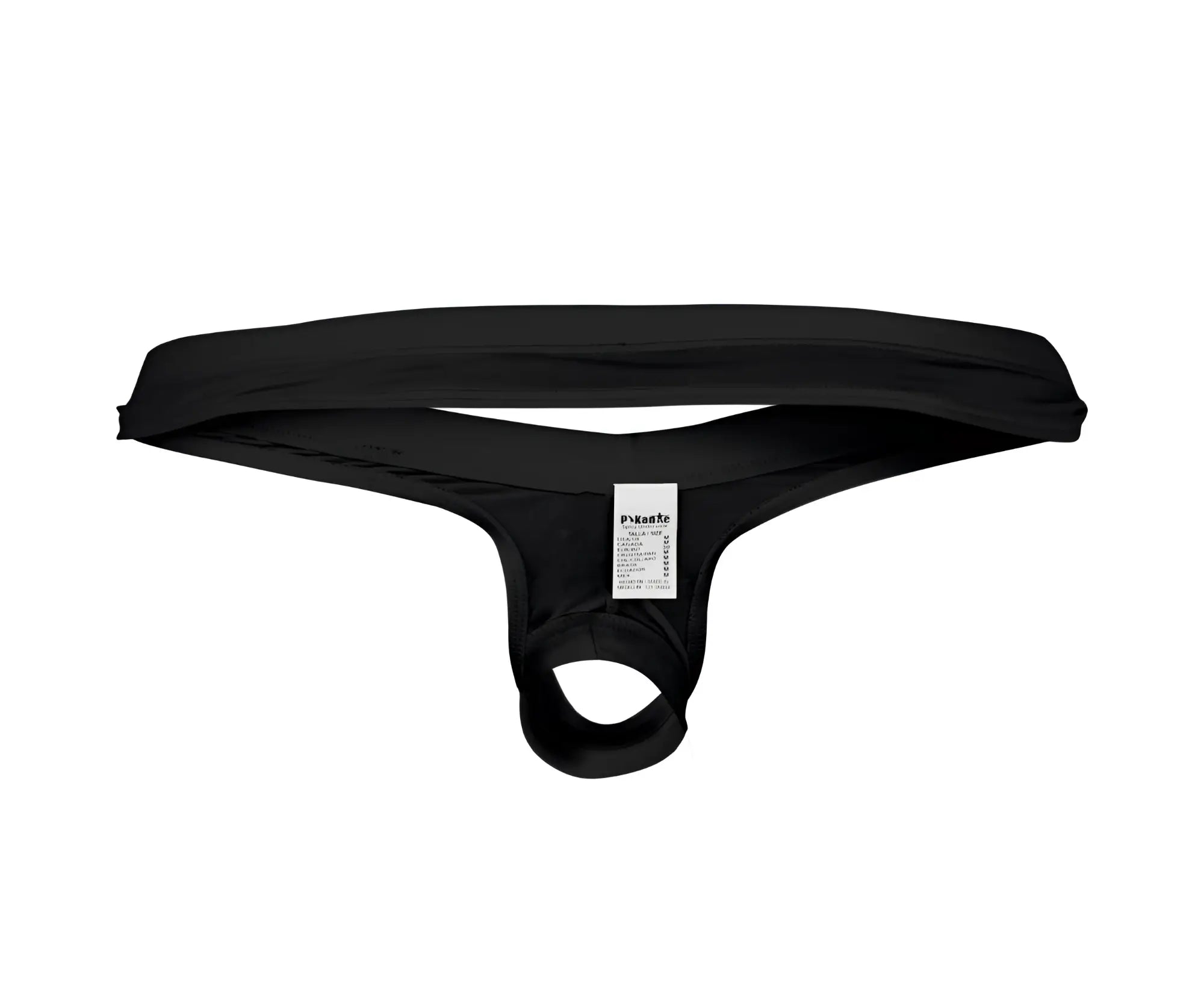 Black stretchy fabric thong with small white label on inner waistband pikante pik 0980x angola ball lifter c-ring