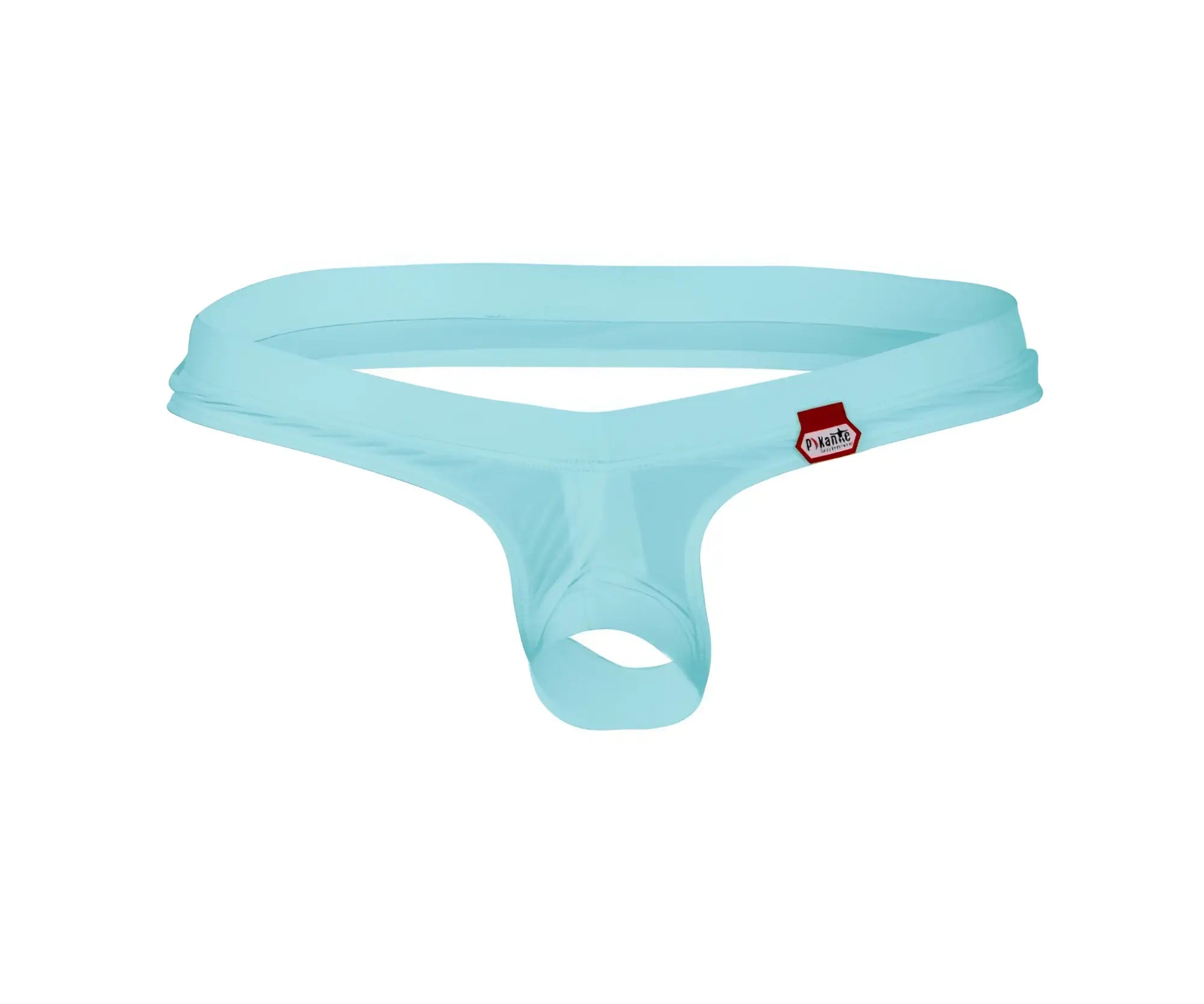 Light blue fabric thong with a small red pikante brand tag on the waistband front side for Angola Ball Lifter use