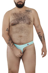 Light blue pikante men’s briefs with a red logo on the left hip featuring the angola ball lifter c-ring design