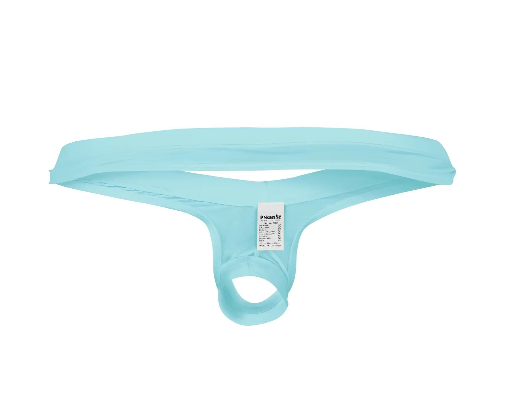 Back view of light blue stretchy fabric thong with white label for pikante pik 0980x angola ball lifter c-ring