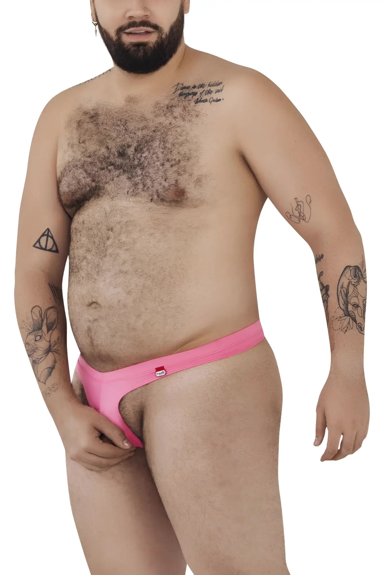Bright pink pikante pik 0980x angola ball lifter c-ring briefs with smooth texture and logo on left hipband