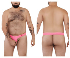 Bright pink snug-fitting Pikante Angola ball lifter thong with c-ring and small red logo on left hipband back side