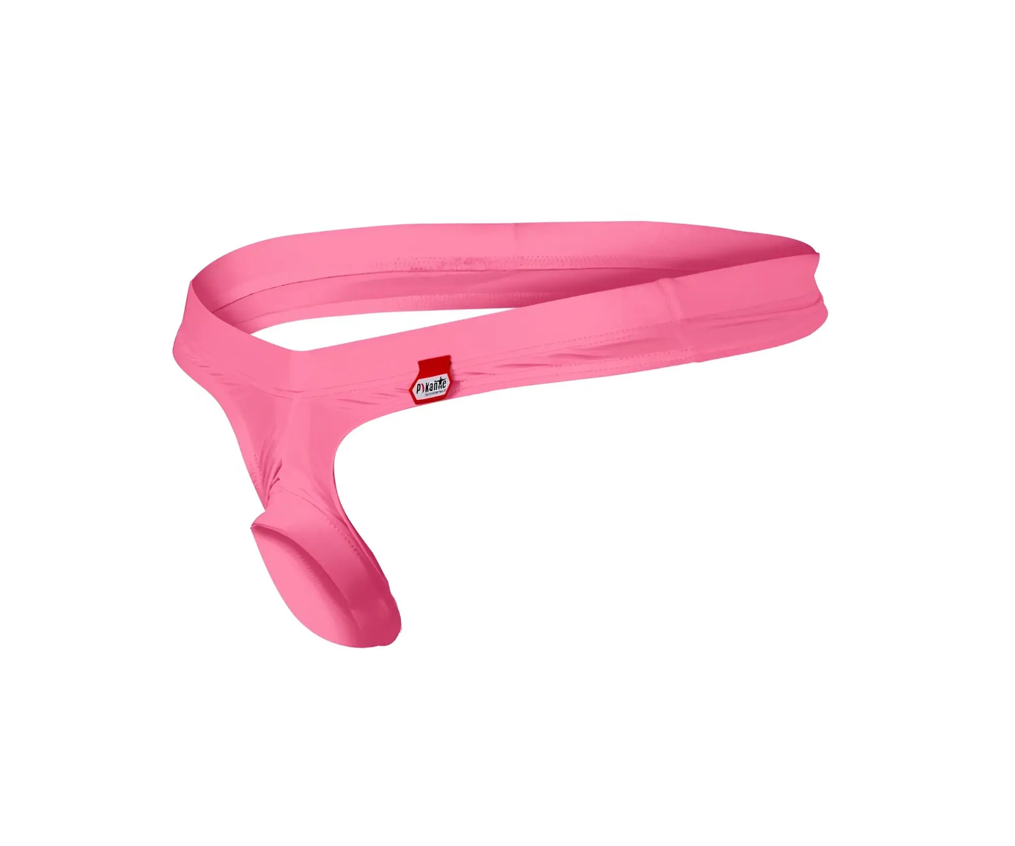 Pink fabric men’s jockstrap with c-ring ball lifter and small red and white pikante brand tag