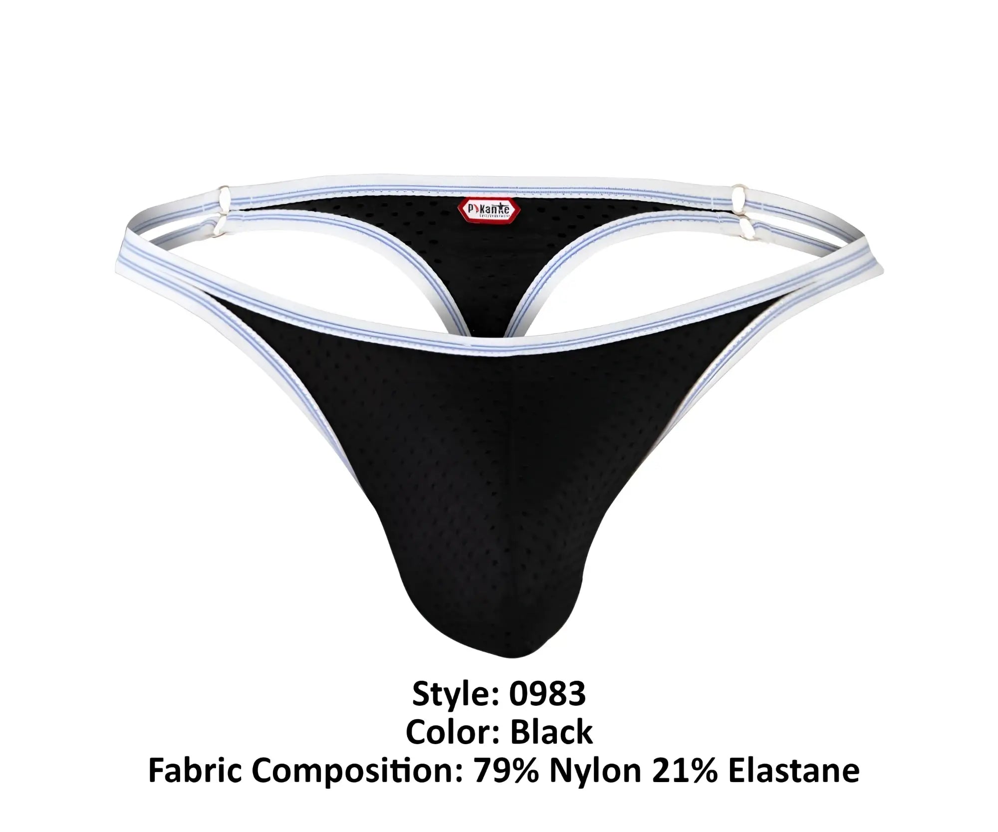 Black athletic thong with white trim and perforated mesh fabric featuring pineapple brand label pikante PIK 0983 Novo Thongs