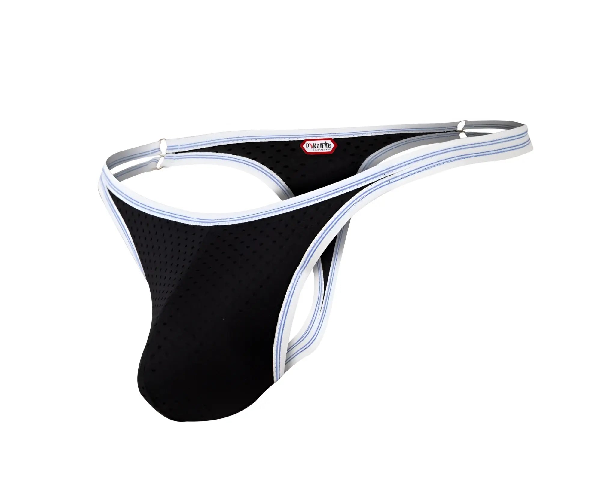 Black mesh Pikante PIK 0983 Novo thong with white blue striped trim and red dyknite label on waistband