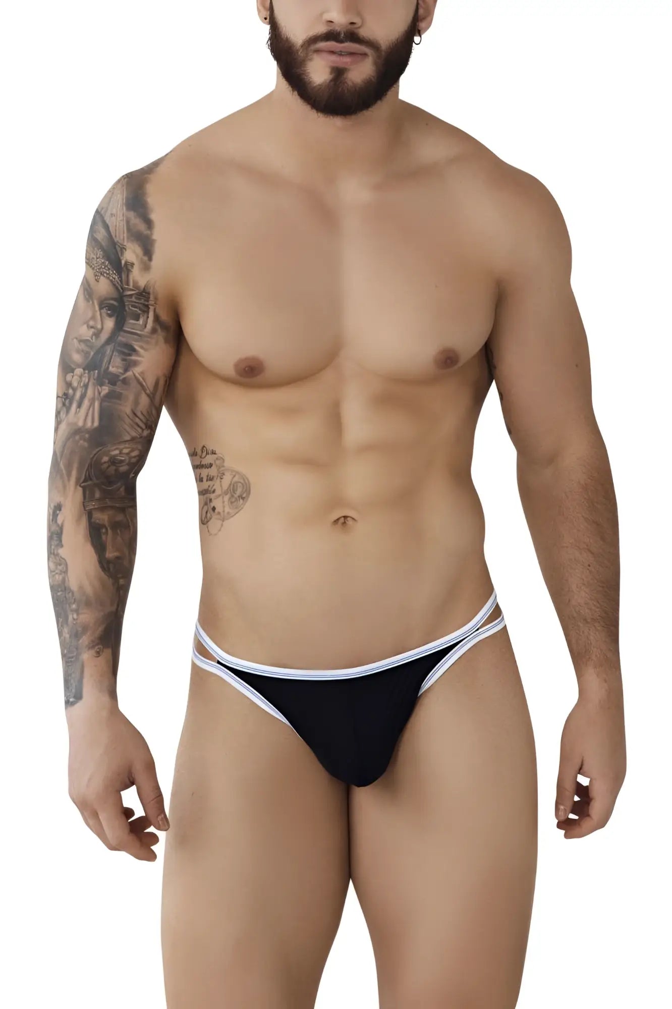 Black Pikante PIK 0983 Novo thong with white trim showing the back side in a comfortable lightweight fabric