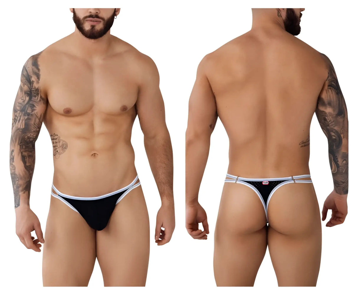 Black pikante pik 0983 novo thong with white trim and small logo on the backband shown from the back side