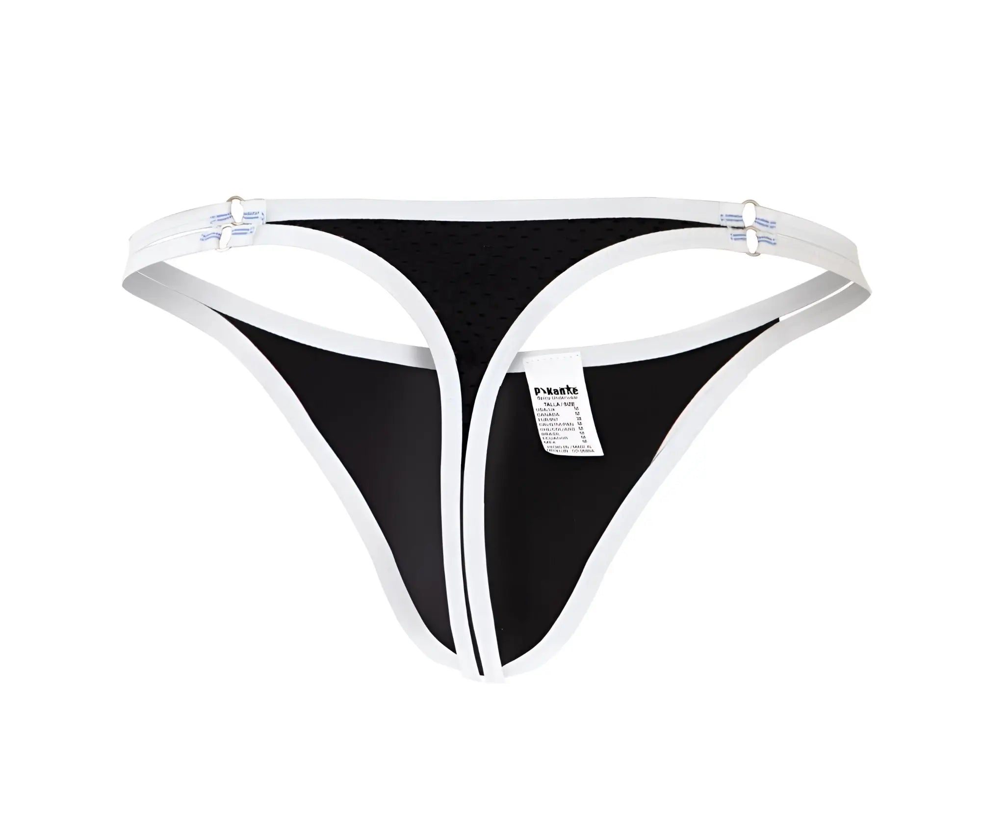 Black and white pikante pik 0983 novo thong with mesh fabric body solid white trim and adjustable elastic straps