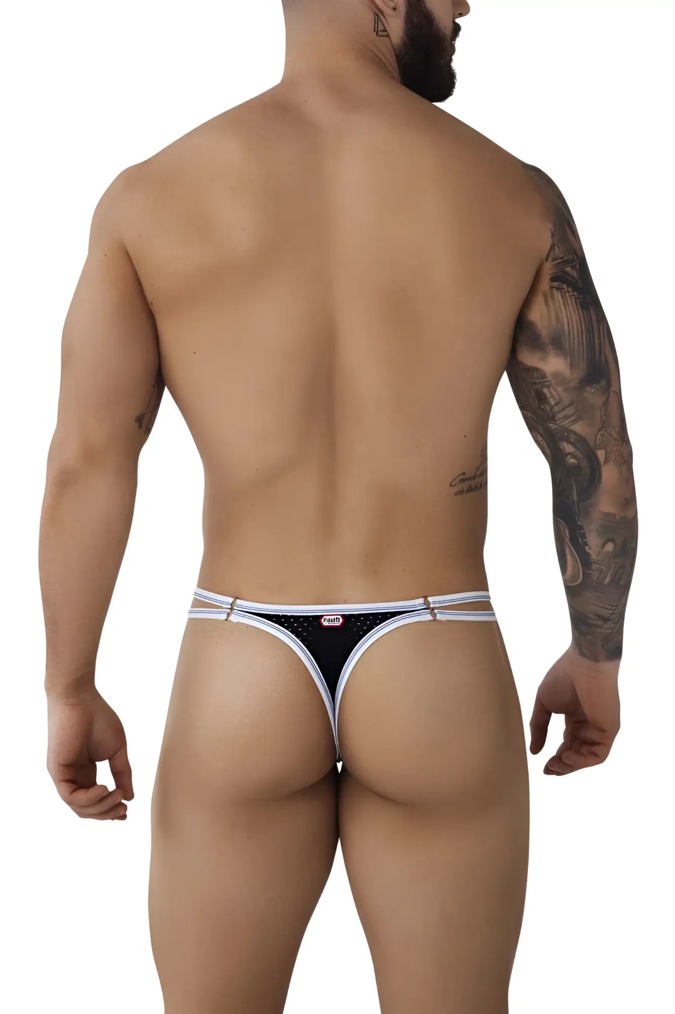 Black and white Pikante PIK 0983 Novo thong with subtle dotted pattern and brand logo on waistband front side