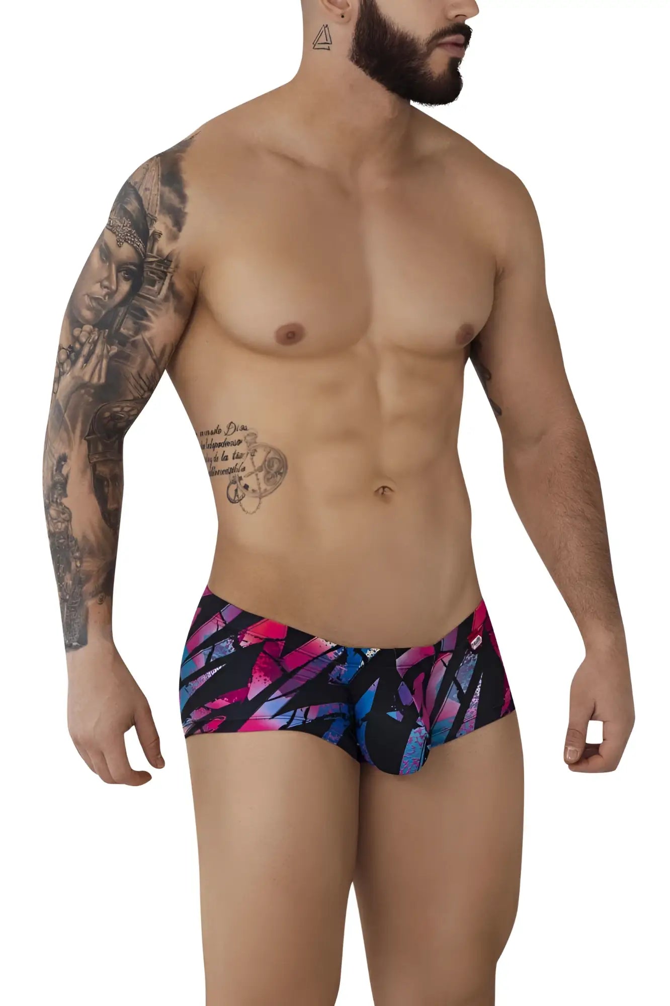 Vibrant pikante pik 0988 jartum trunks in bold pink and blue abstract pattern on black background