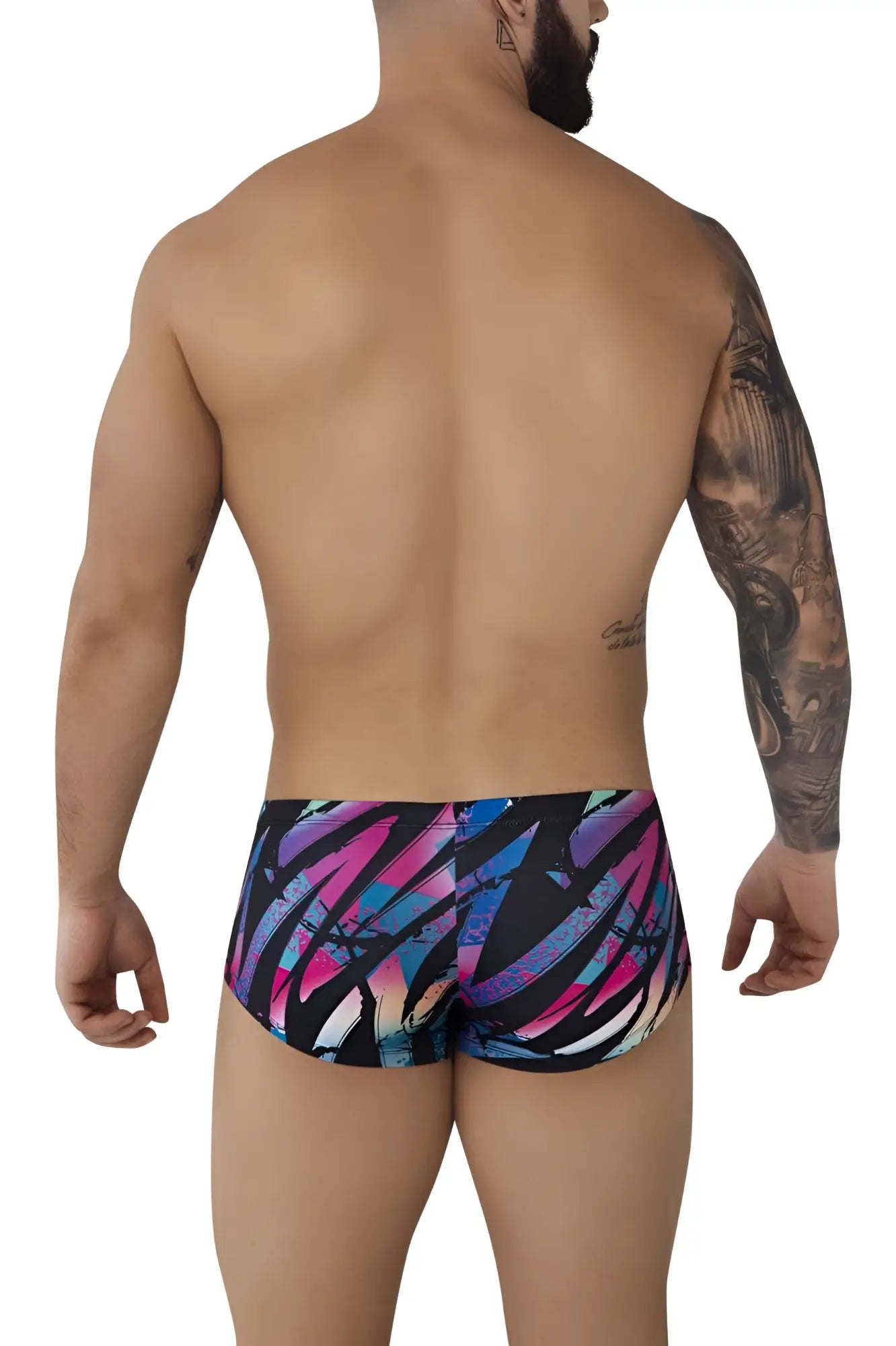 Vibrant abstract-patterned pikante pikk 0988 jartum swim trunks in bold pink blue purple with black accents