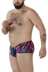 Pikante pik 0988x jartum trunks in vibrant pink blue and purple geometric pattern on black background