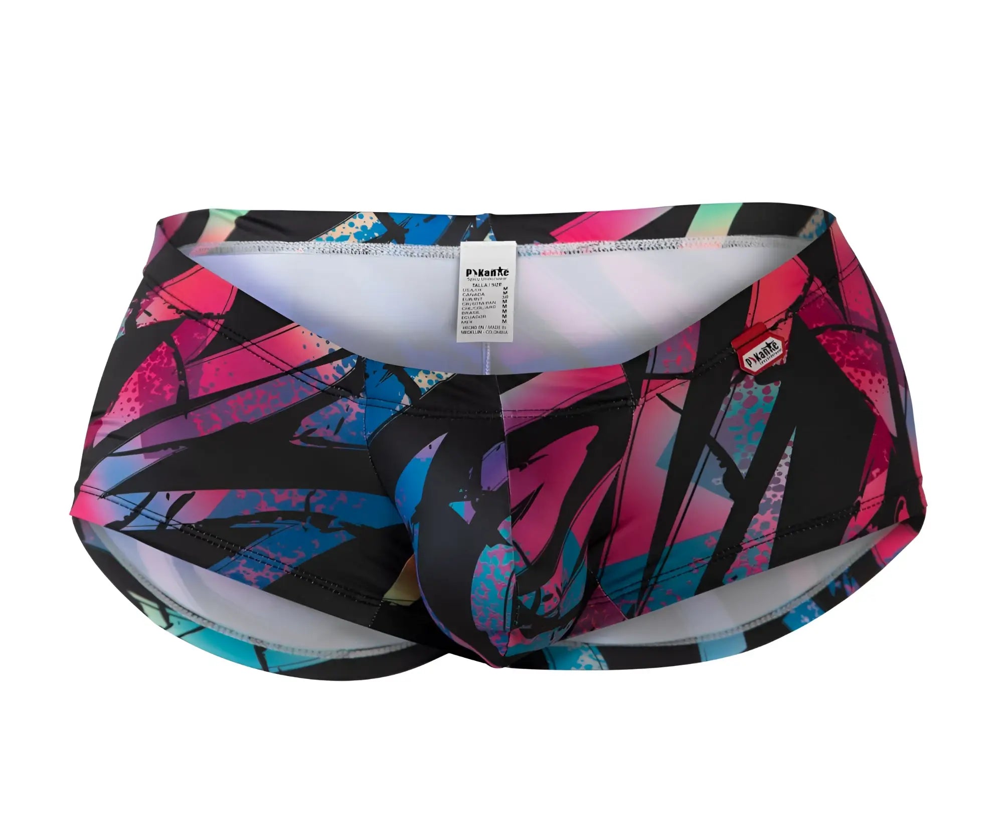 Vibrant graffiti-style pikante jartum swim trunks in black pink and blue with bold abstract design