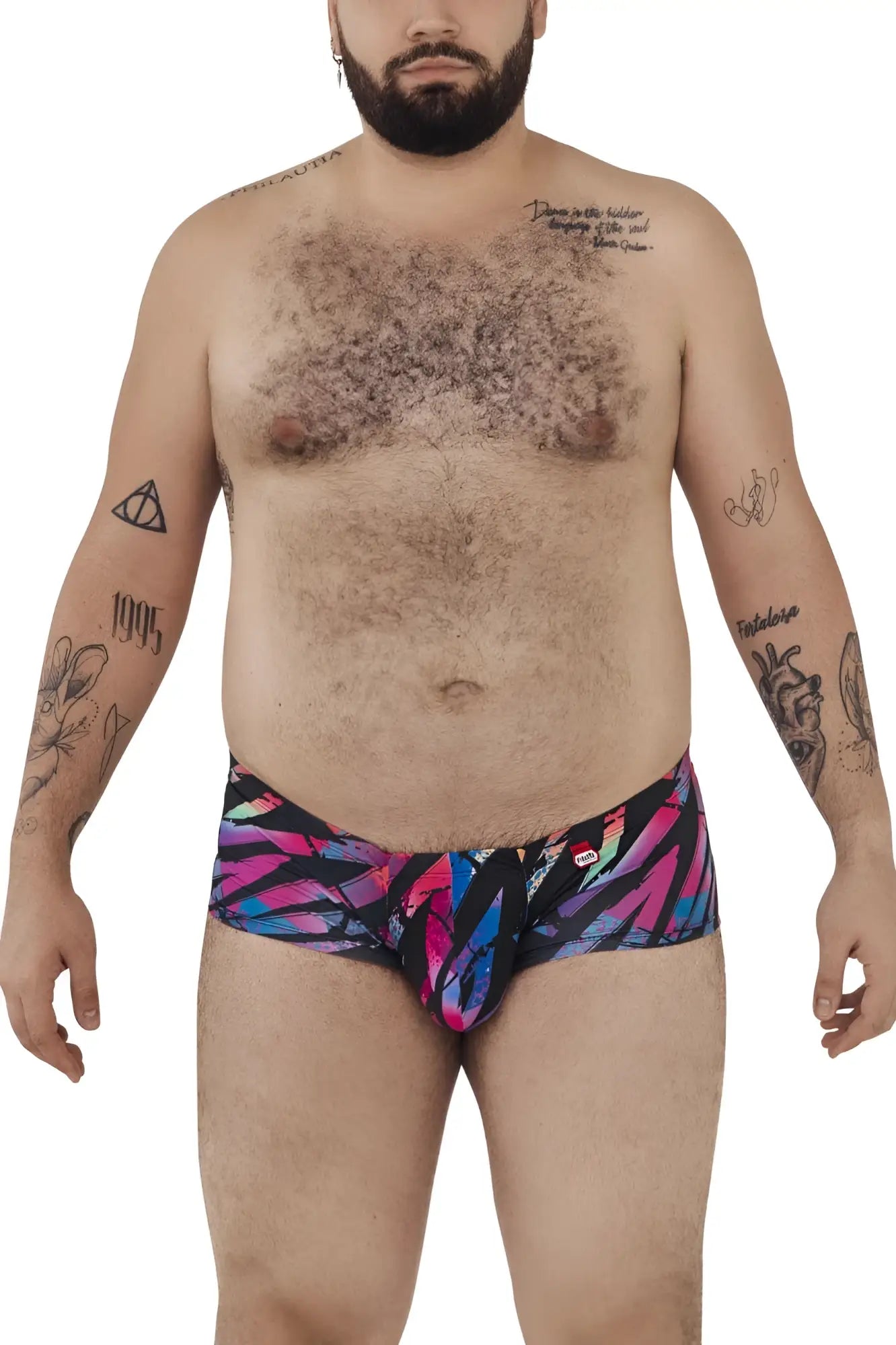 Pikante pik 0988x jartum swim trunks in black with vibrant multicolored bold feather pattern in pink blue and black