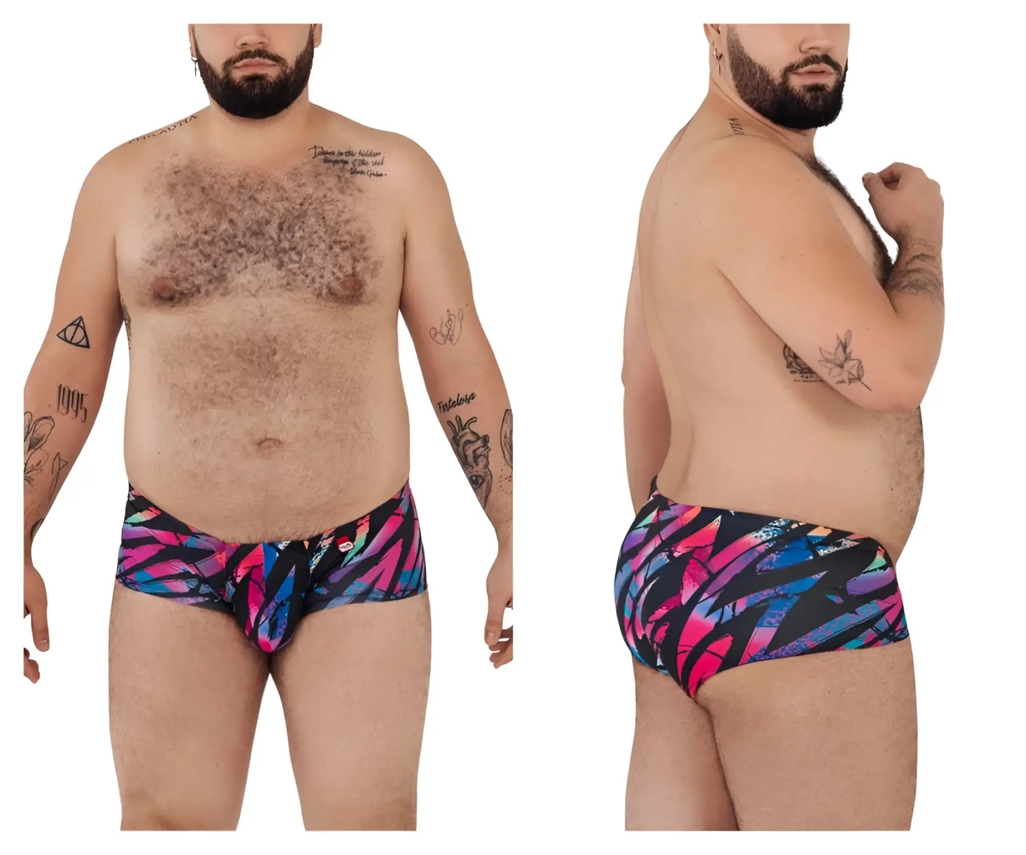 Vibrant pikante PIK 0988X Jartum swim trunks in black with bold pink blue and black geometric pattern