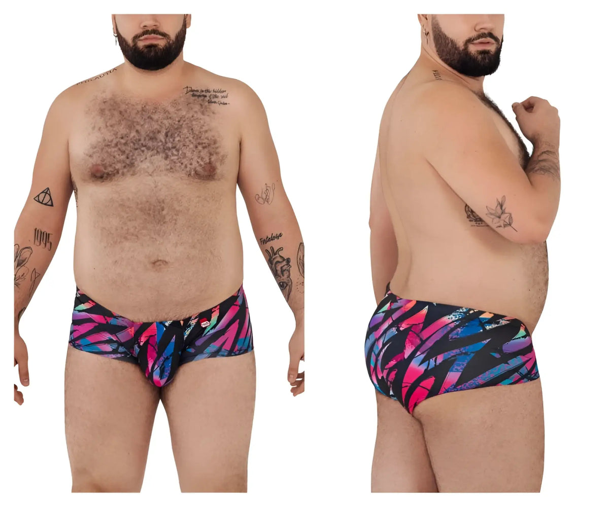 Vibrant pikante PIK 0988X Jartum swim trunks in black with bold pink blue and black geometric pattern