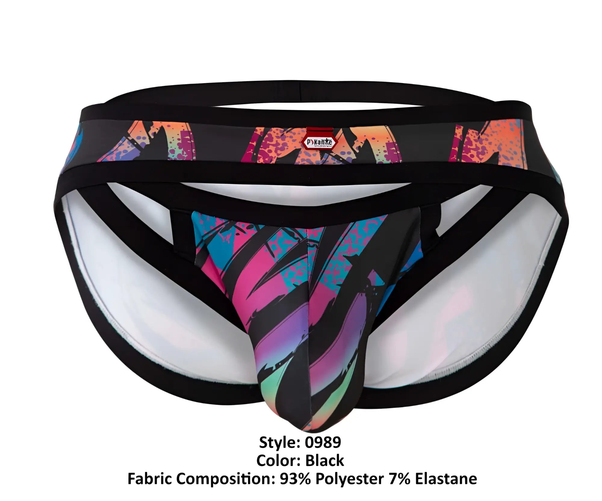 Pikante pik 0989 jartum briefs black athletic briefs with vibrant abstract graffiti print in pink blue and purple hues