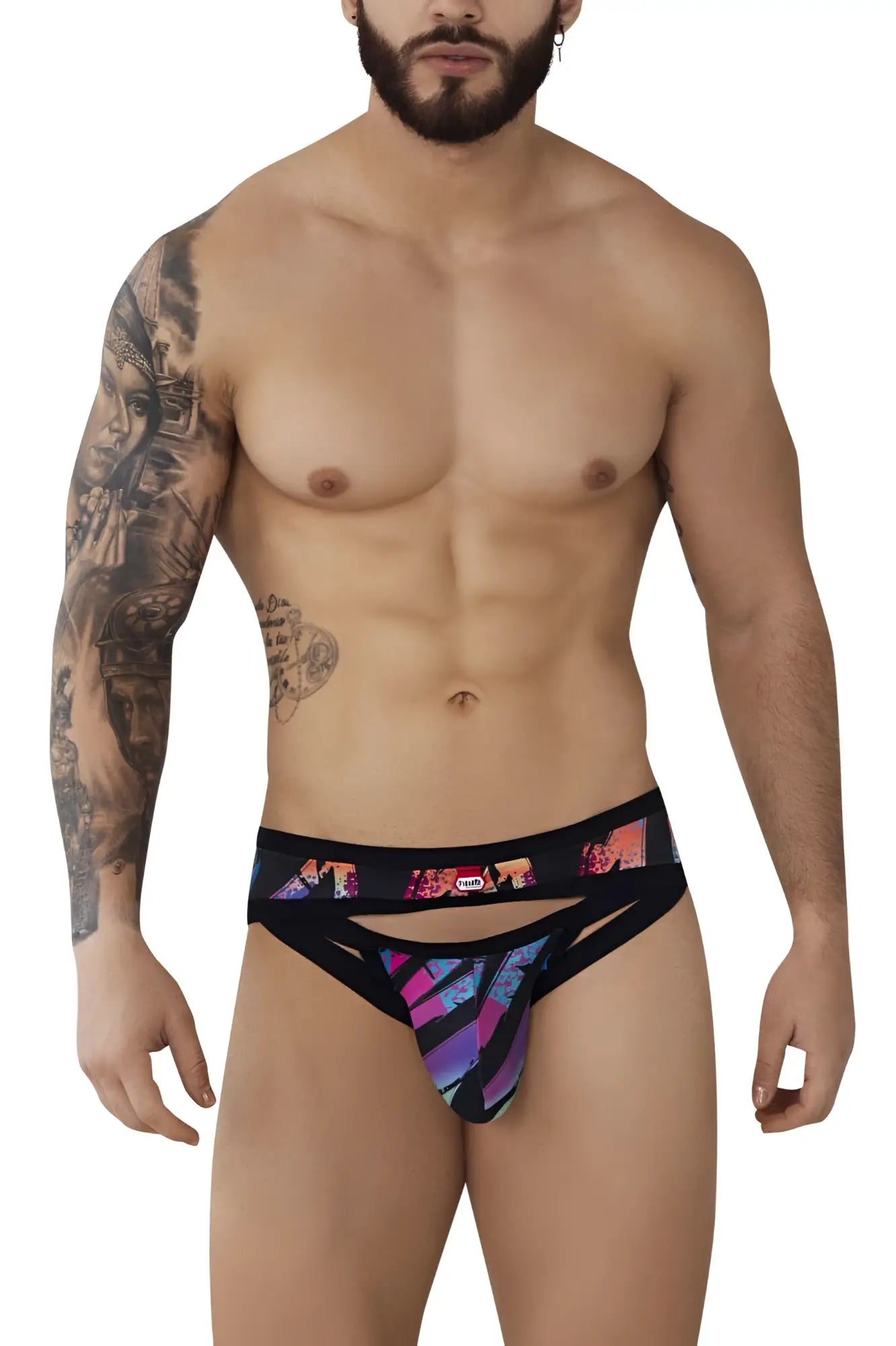 Pikante pik 0989 jartum briefs black with vibrant purple pink and blue geometric pattern on front