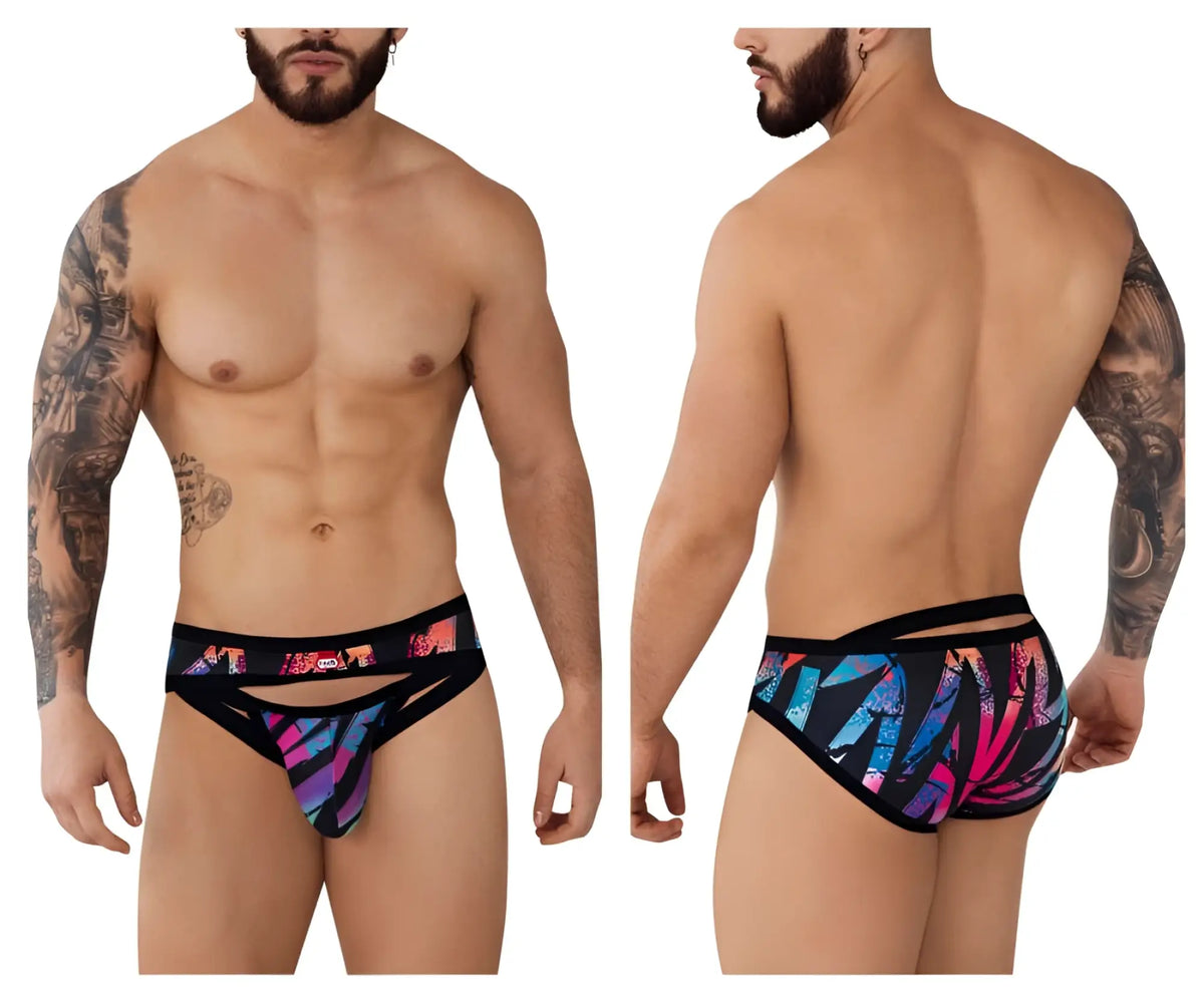 Vibrant multicolored pikante pik 0989 jartum briefs with black trim and cut-out design in black color