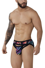 Black Pikante PIK 0989 Jartum briefs with vibrant multicolored geometric pattern and bold stylized waistband logo