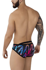 Pikante pik 0989 jartum briefs in black with vibrant tropical leaf pattern in pink and blue and bold graphic design