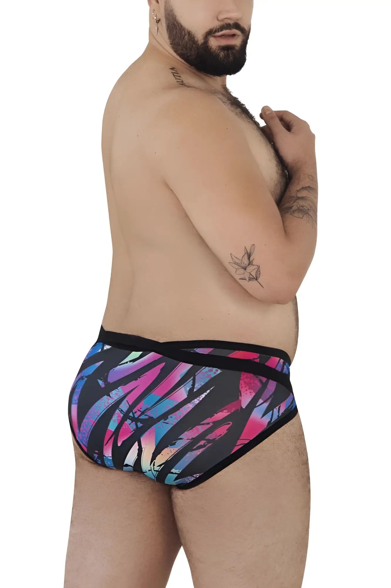 Pikante pik 0989x jartum briefs with vibrant abstract pink blue purple pattern and black trim for swimwear use