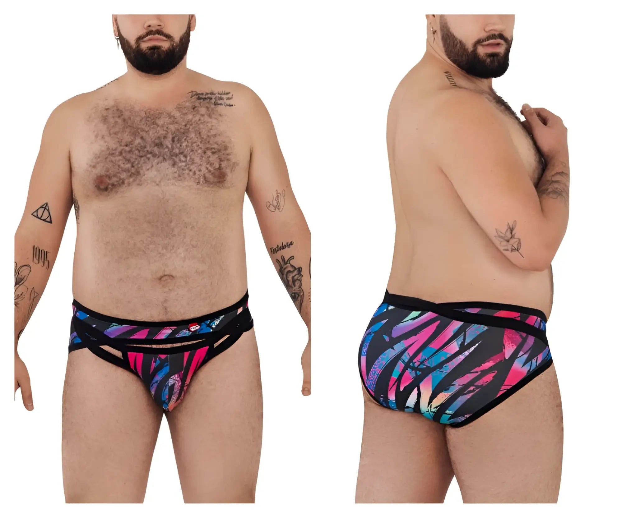 Vibrant pikante pik 0989x jartum briefs with bold pink and blue abstract patterns on black swim trunks front view