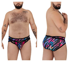 Vibrant pikante pik 0989x jartum briefs with bold pink and blue abstract patterns on black swim trunks front view