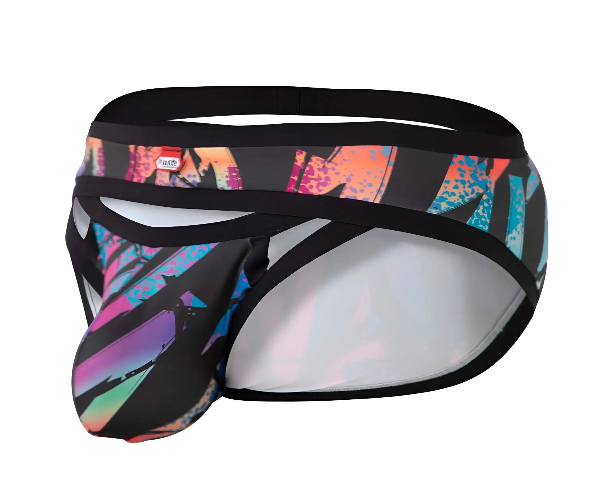 Vibrant graffiti-style printed pikante jartum briefs in black with mesh panels and black elastic waistband for men