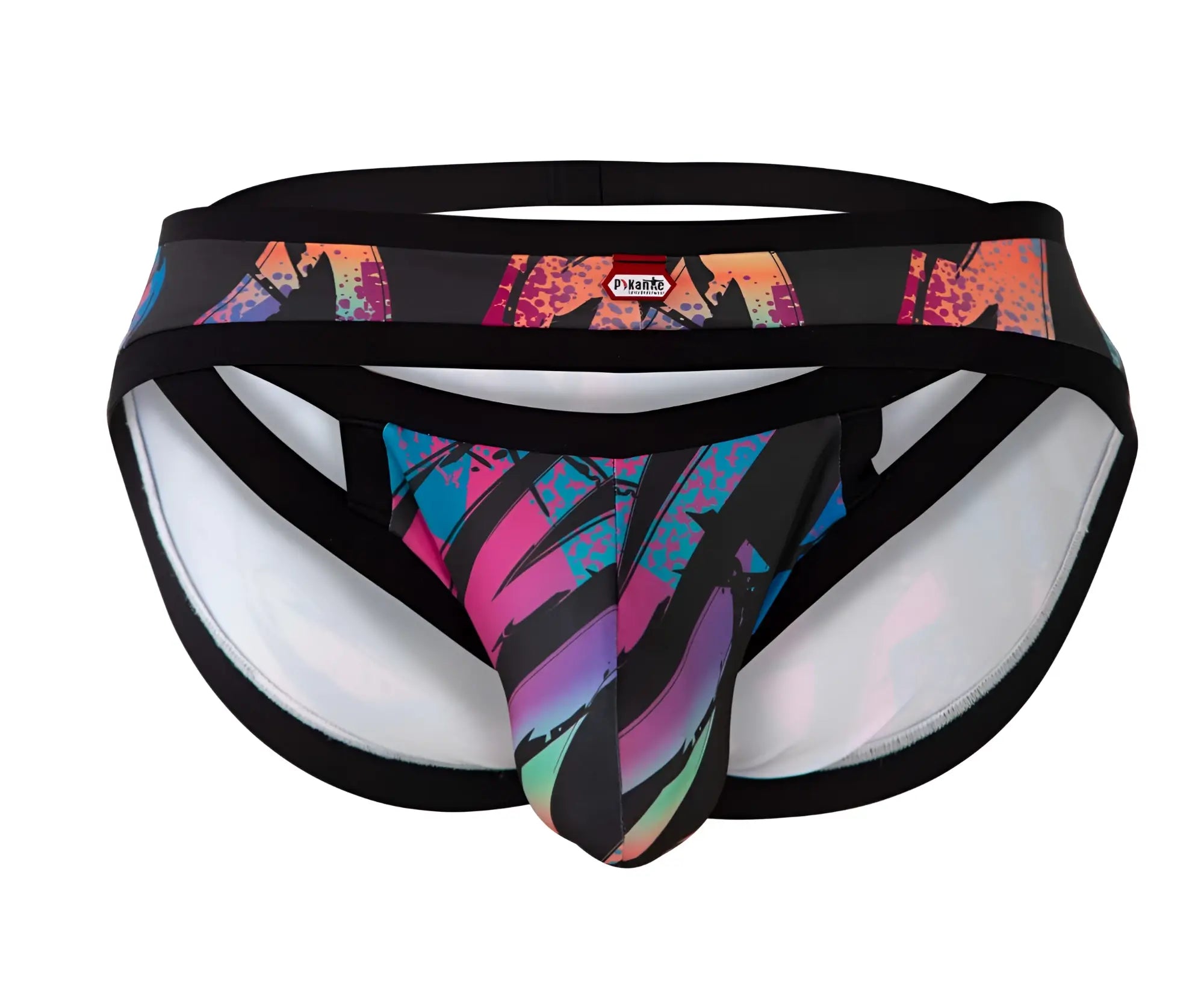 Vibrant graffiti-style printed pikante pik 0989x jartum briefs in black with pink blue purple accents and white lining