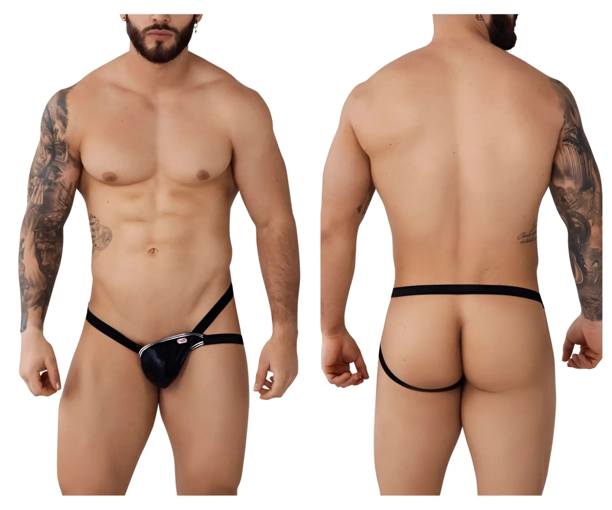 Black leather thong jockstrap with silver metal clasp and branding detail from pikante napoles collection
