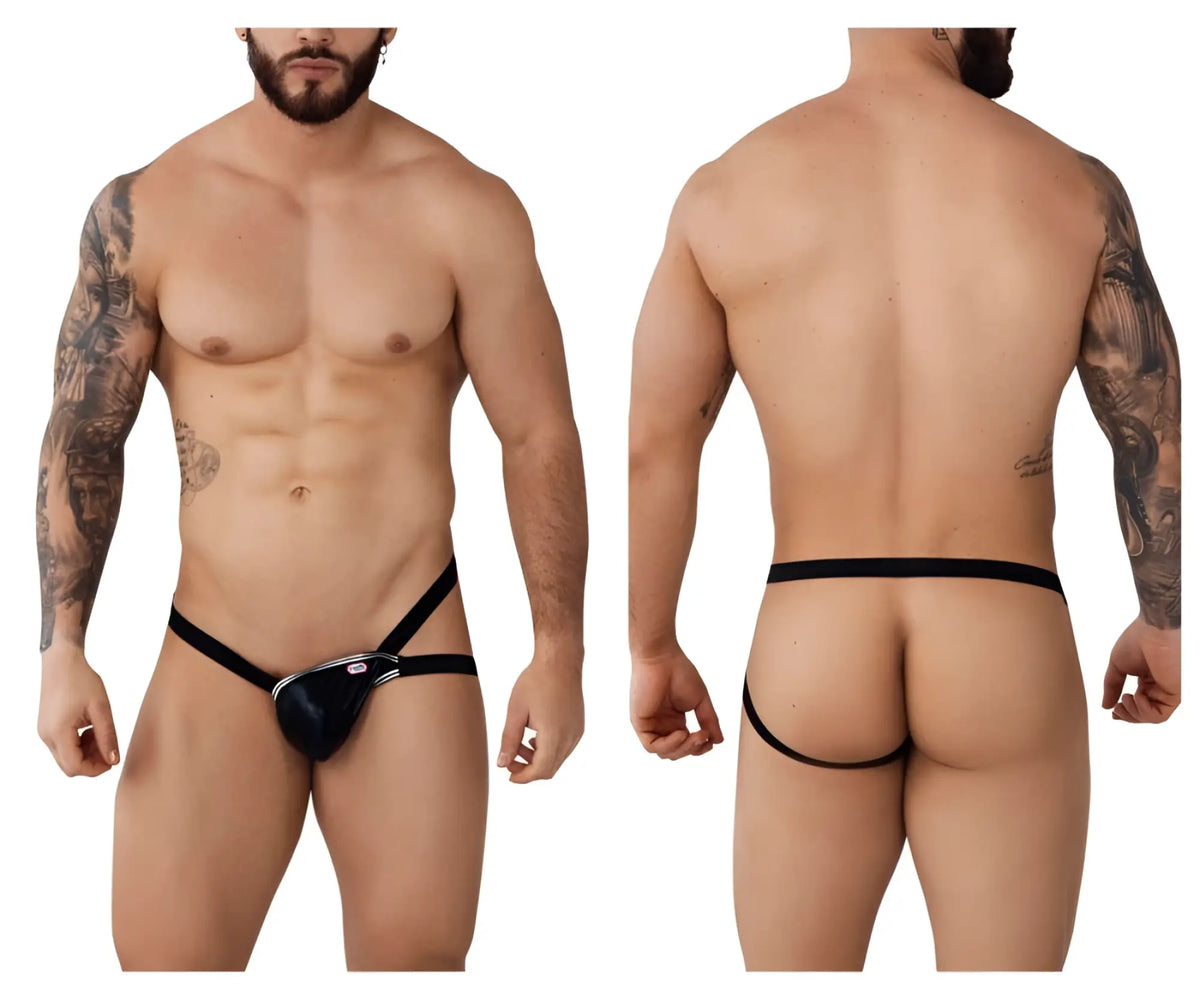 Black leather thong jockstrap with silver metal clasp and branding detail from pikante napoles collection