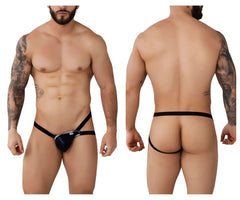 Black leather thong jockstrap with silver metal clasp and branding detail from pikante napoles collection