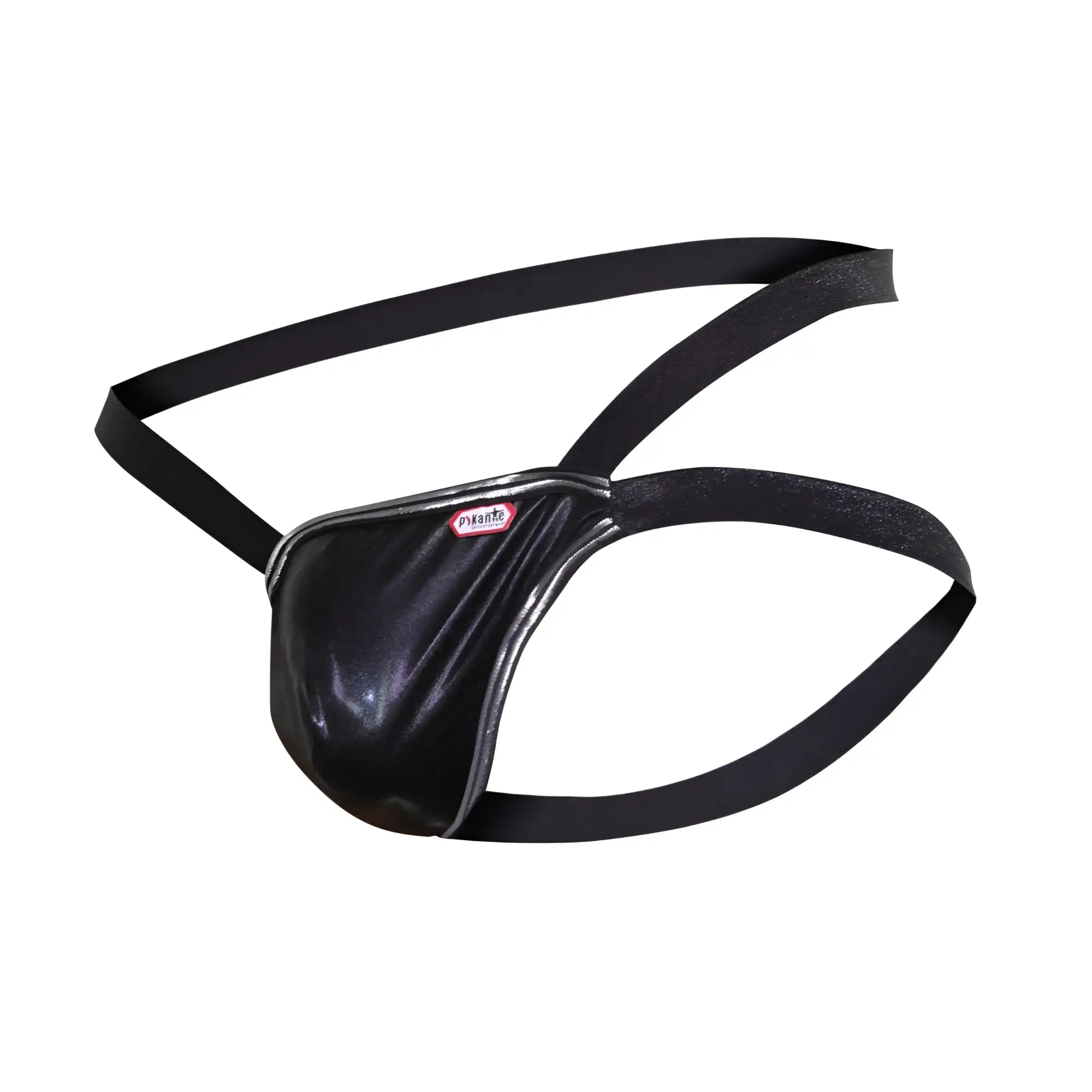 Pikante PIK 1013 Napoles black shiny faux leather thong with silver trim and adjustable straps front view