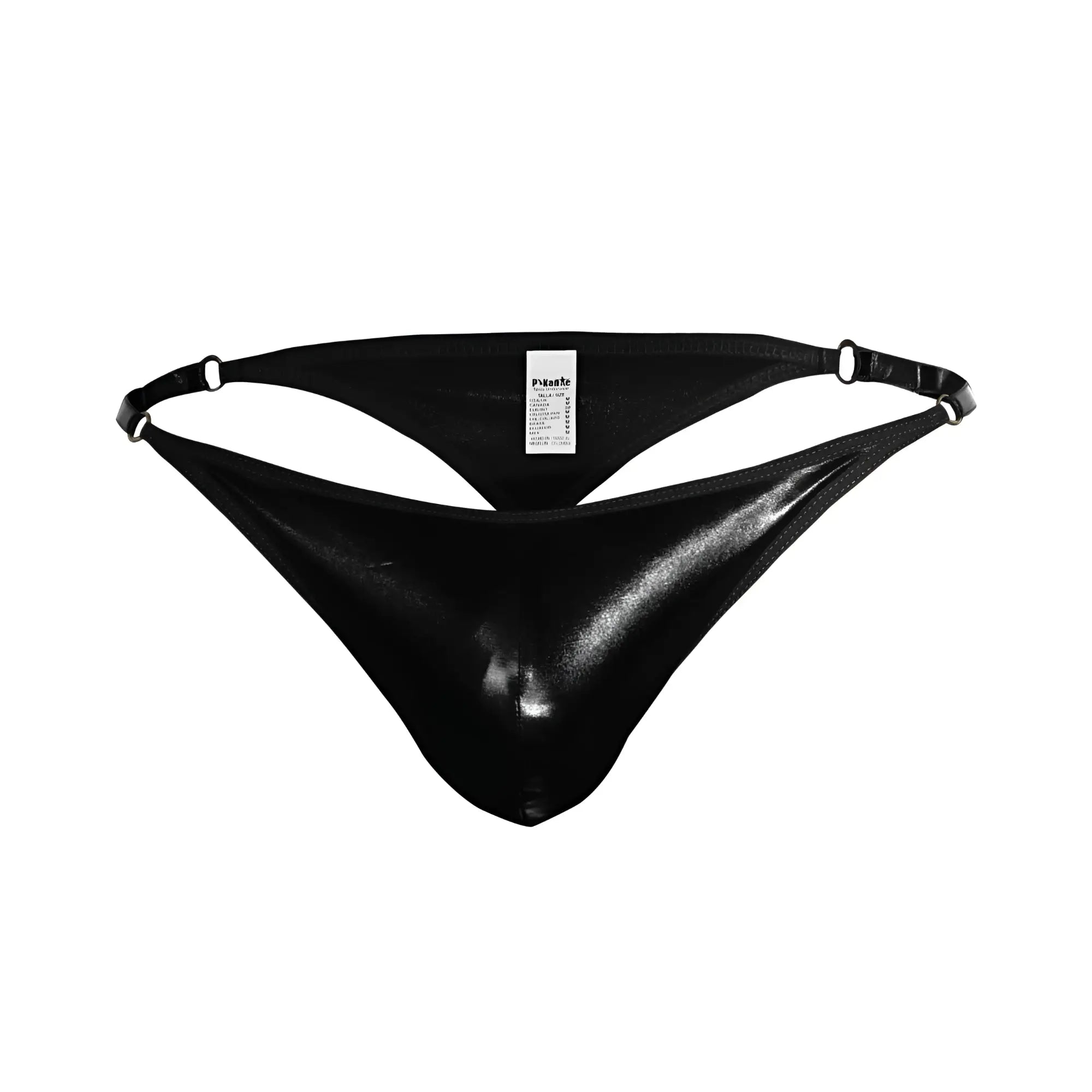Black glossy latex thong pikante PIK 1014 salerno with sleek design and adjustable straps shown from the back