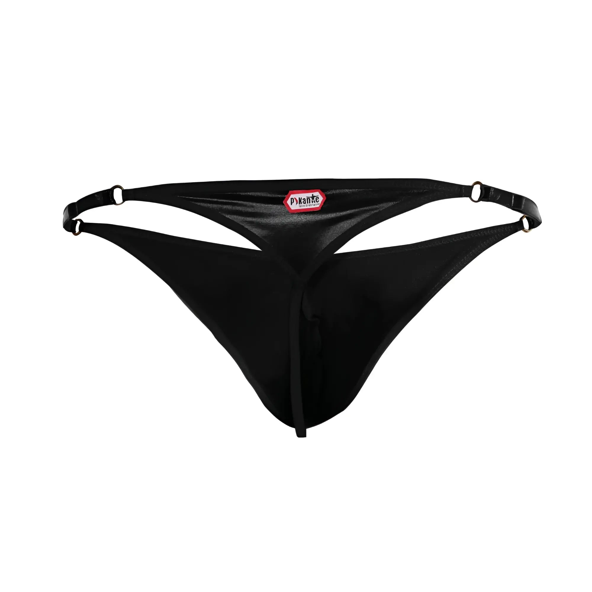 Black pykante salerno thong with sleek minimalist design and adjustable straps shown from the back side