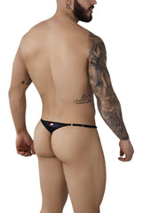 Black satin Pikante PIK 1014 Salerno thong with metallic buckle and small red logo on the waistband