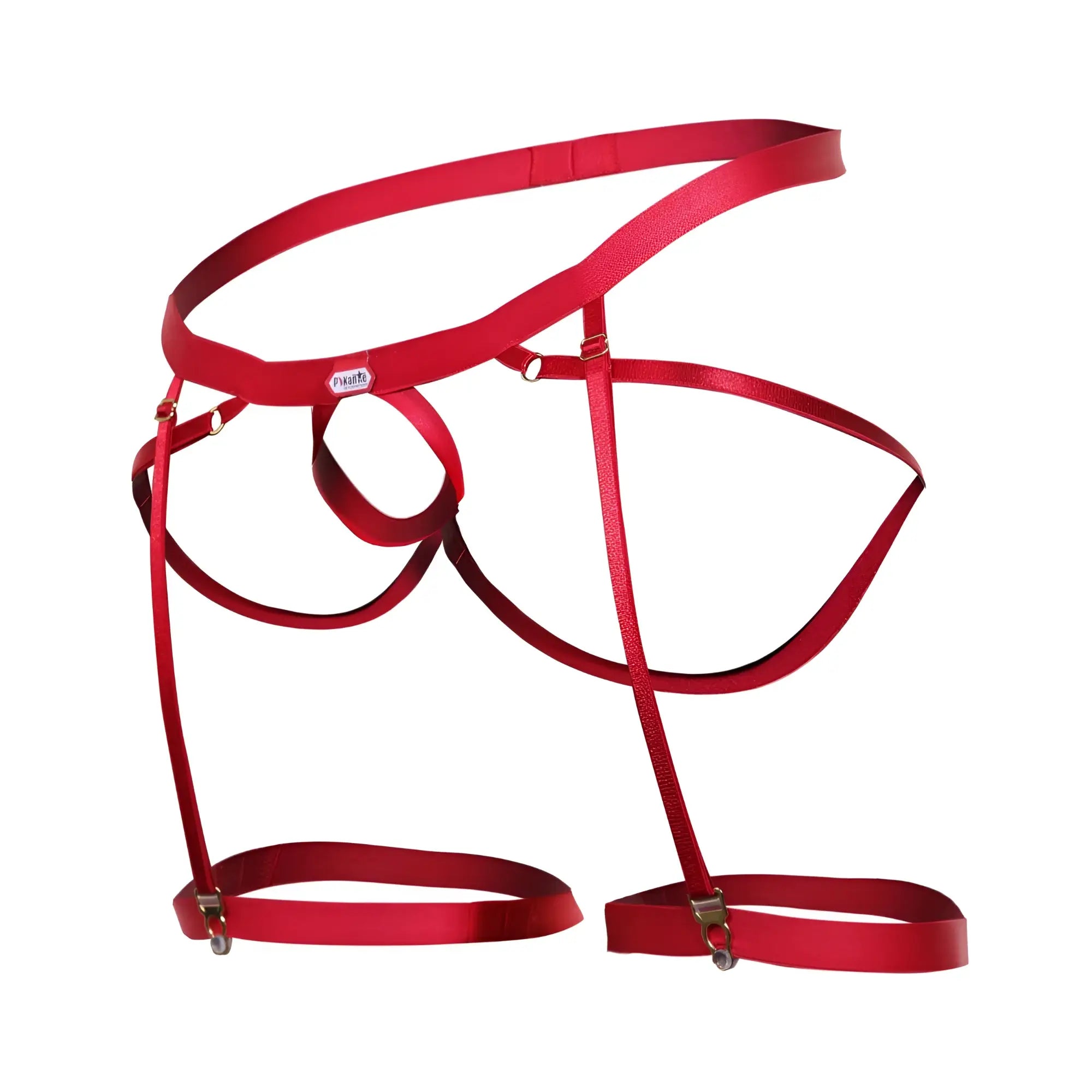 Red satin harness jockstrap with adjustable straps and metallic clasps by pikante model avellino in red