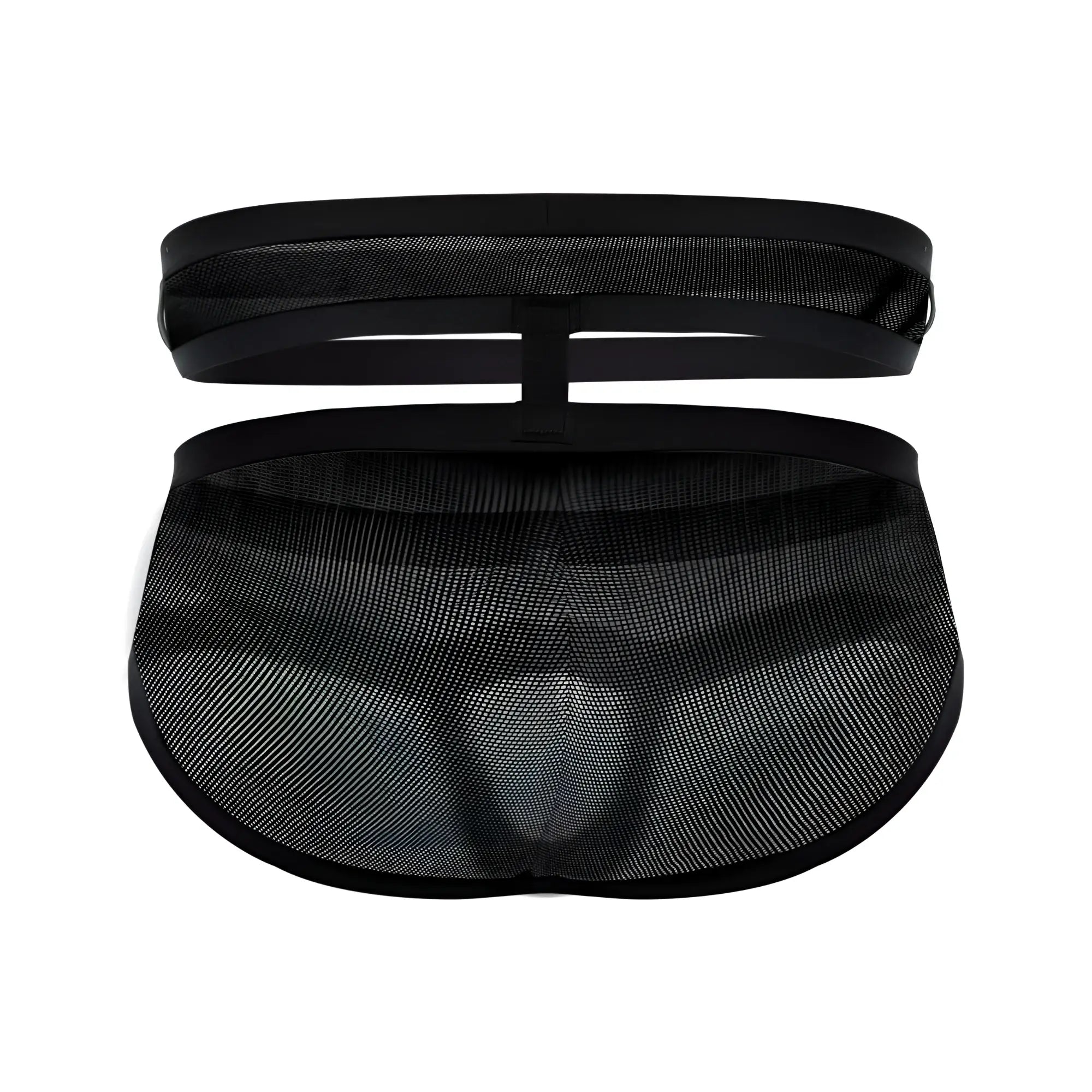 Black mesh Pikante PIK 1020 Plasencia briefs with solid black elastic waistband and side straps front view