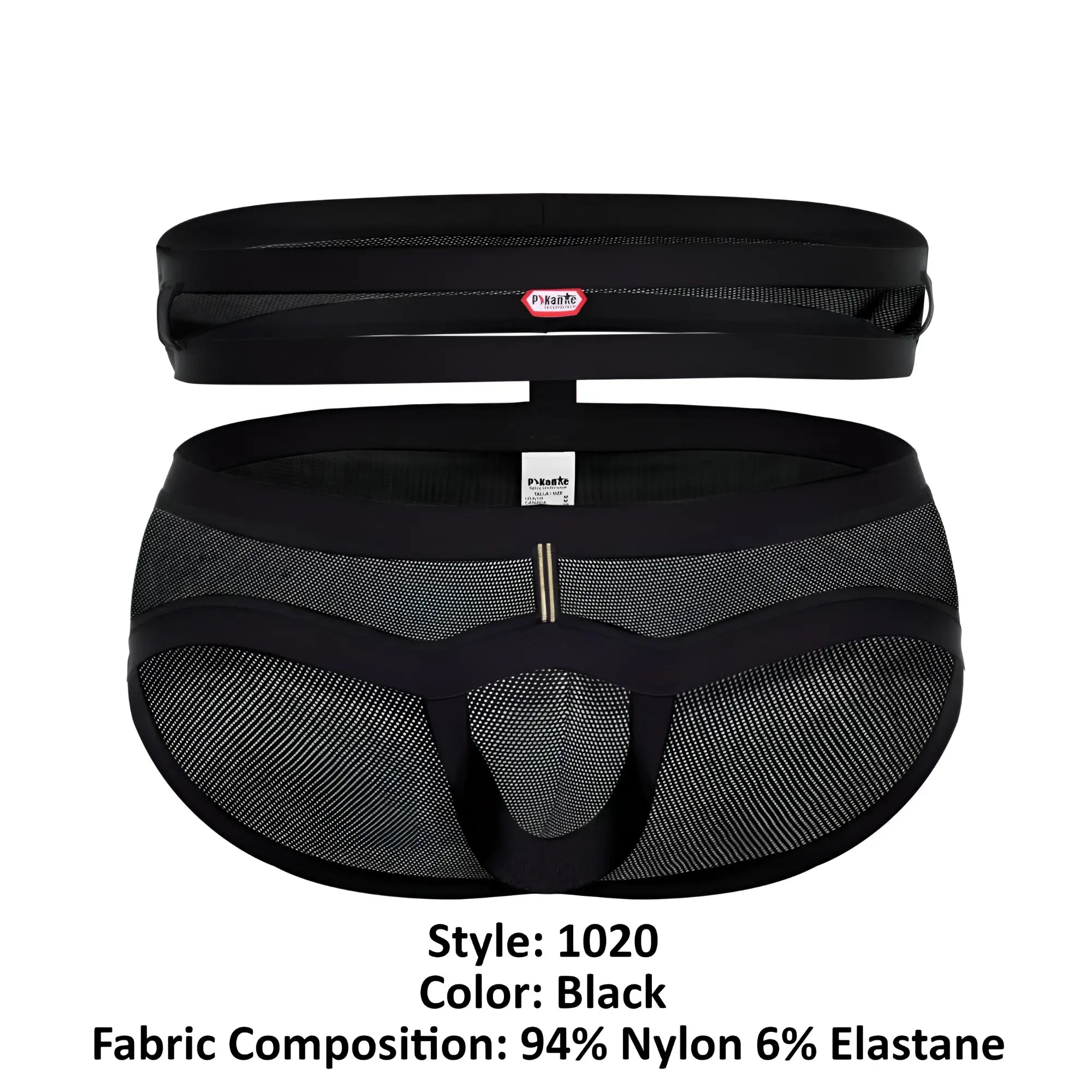 Black mesh briefs with solid waistband and side panels featuring a central metallic clasp pikante pik 1020 plasencia